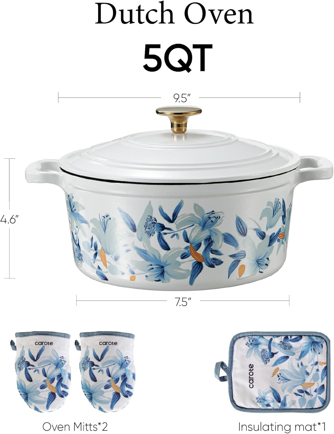 CAROTE 5 QT Cast Iron Dutch Oven Pot with Lid, Enameled Floral Dutch Ovens with Cotton Potholders & Oven Gloves, Gift Box, Cast Iron Pot for Sourdough Bread Baking, Braising, Stews, Roasting, Dual Handles, All Stovetop Compatible, Oven Safe up to 500° F,