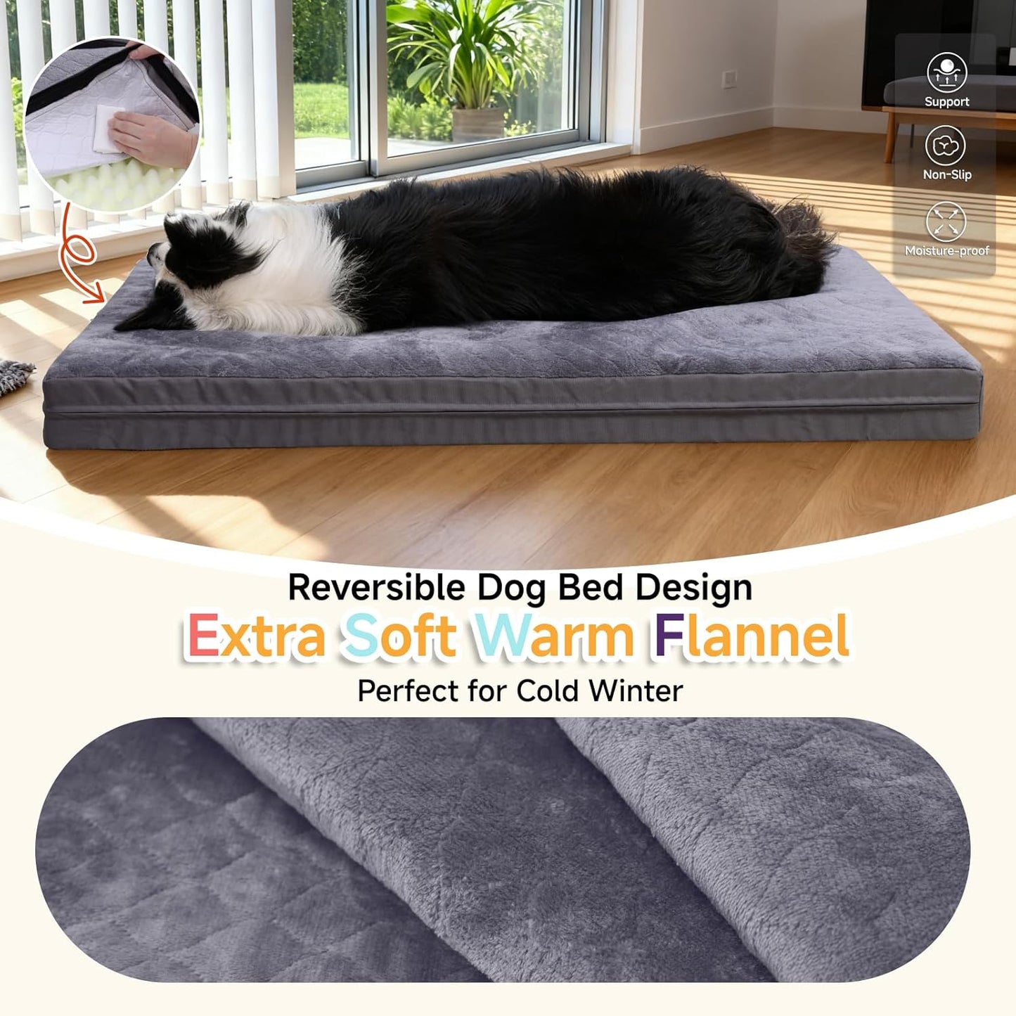 XXL Dog Bed for Large Dogs, Waterproof XXL Dog Crate Pad with Orthopedic Egg Crate Foam Reversible & Washable Cover, Egg Crate Foam, Anti-Slip, 47" x 29", Gray