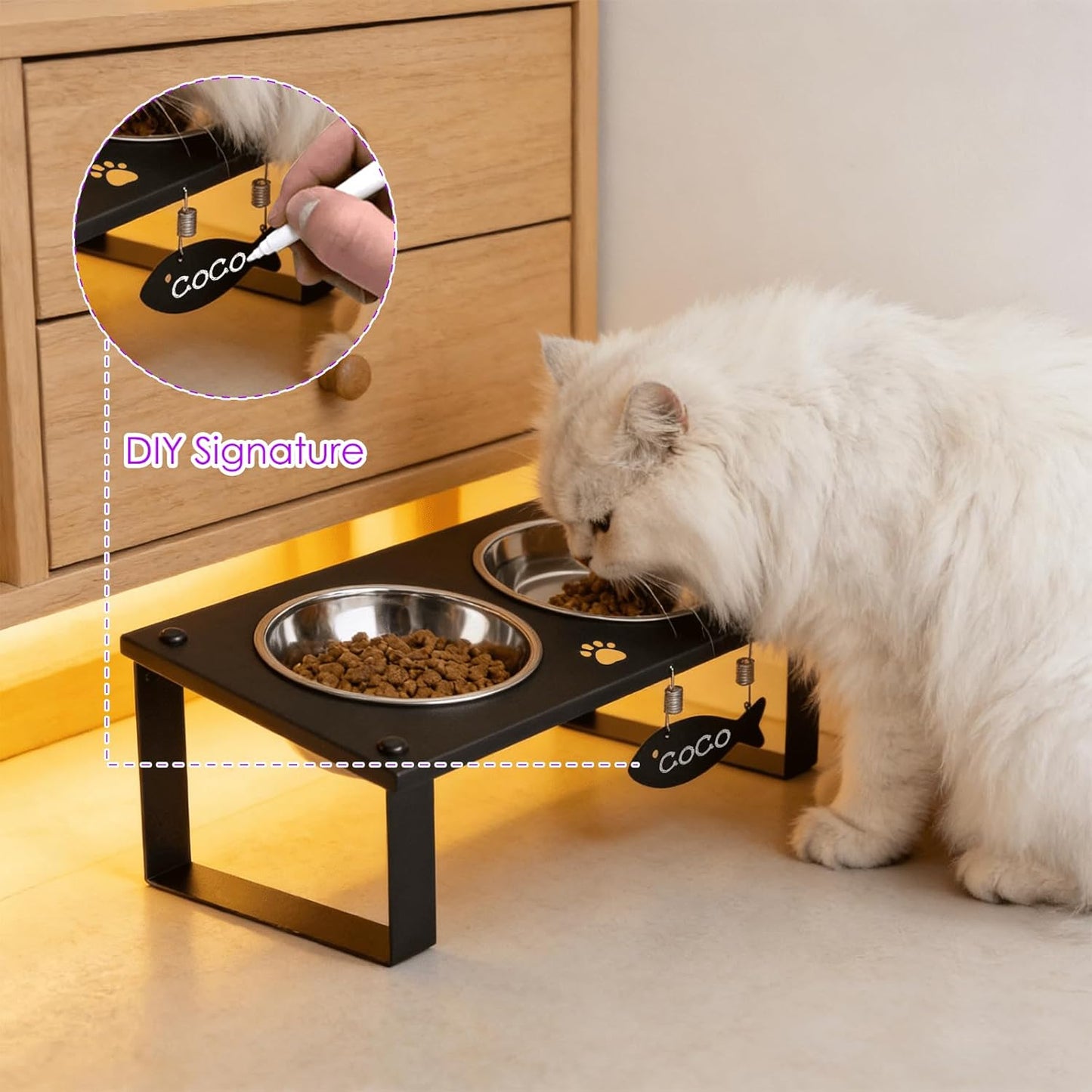 Elevated Cat Bowls with Splash Proof Mat for Kitten Puppy, 10° Tilted Raised Bowl Stand Anti-Vomiting, 2 Wide Shallow Stainless Steel Bowls, Whisker Friendly, 3.5" Tall