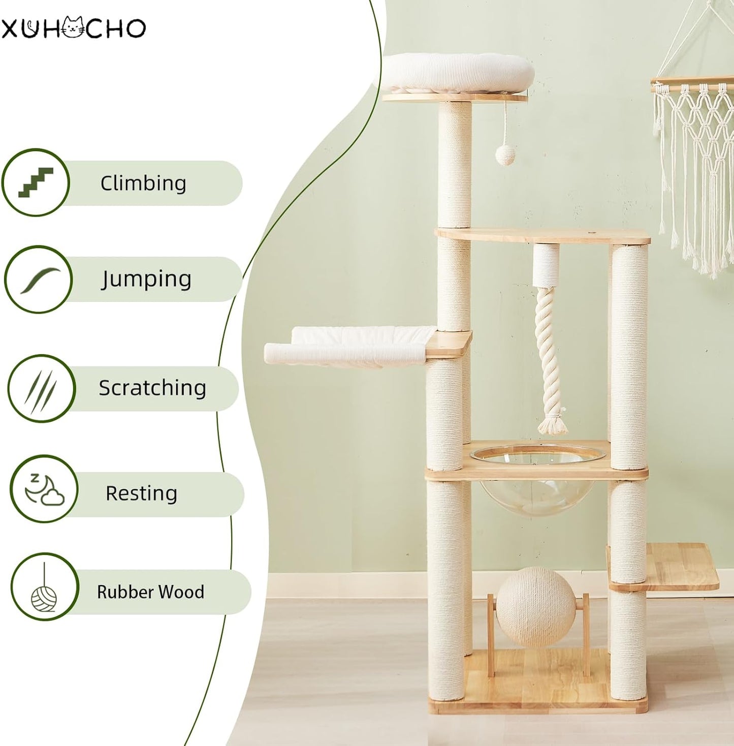 60-inch Modern Cat Tree,Solid Wood Cat Tower with Scratching Post, Hammock, Cotton Nest, Space Capsule, Cat Scratching Ball and Rope for Indoor Cats