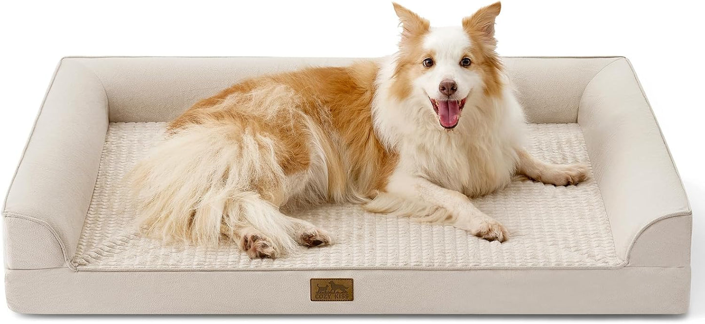 Orthopedic Dog Beds for Large Sized Dog, XL Bolster Pet Couch with Waterproof Lining, Egg Crate Foam Sofa for Pets Up to 100 lbs, U-Shaped, 44x32x7 inch, Beige