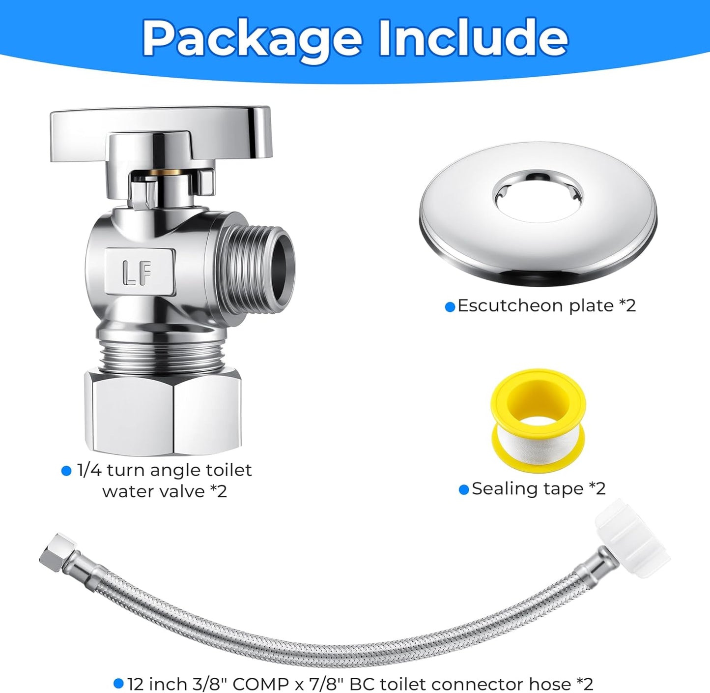 2 Pack Complete Toilet Valve Kit, Includes 1/2'' Nom Inlet x 3/8'' OD Compression Outlet Angle Shut Off, 3/8" COMP x 7/8" BC Toilet Water Supply Line, Escutcheon Plate, Sealing Tape (12 Inch)
