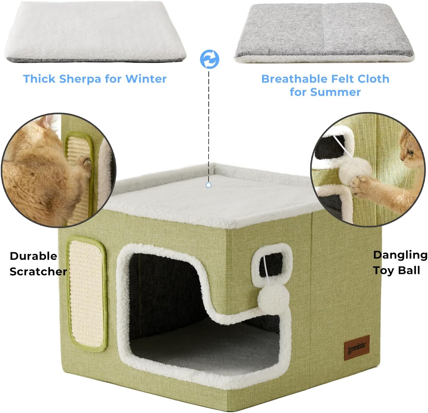 Cat Beds for Indoor Cats - Large Cat House for Pet with Fluffy Ball Hanging and Scratch Pad, Foldable Cat Hideaway,16.5x16.5x13 inches, Navy