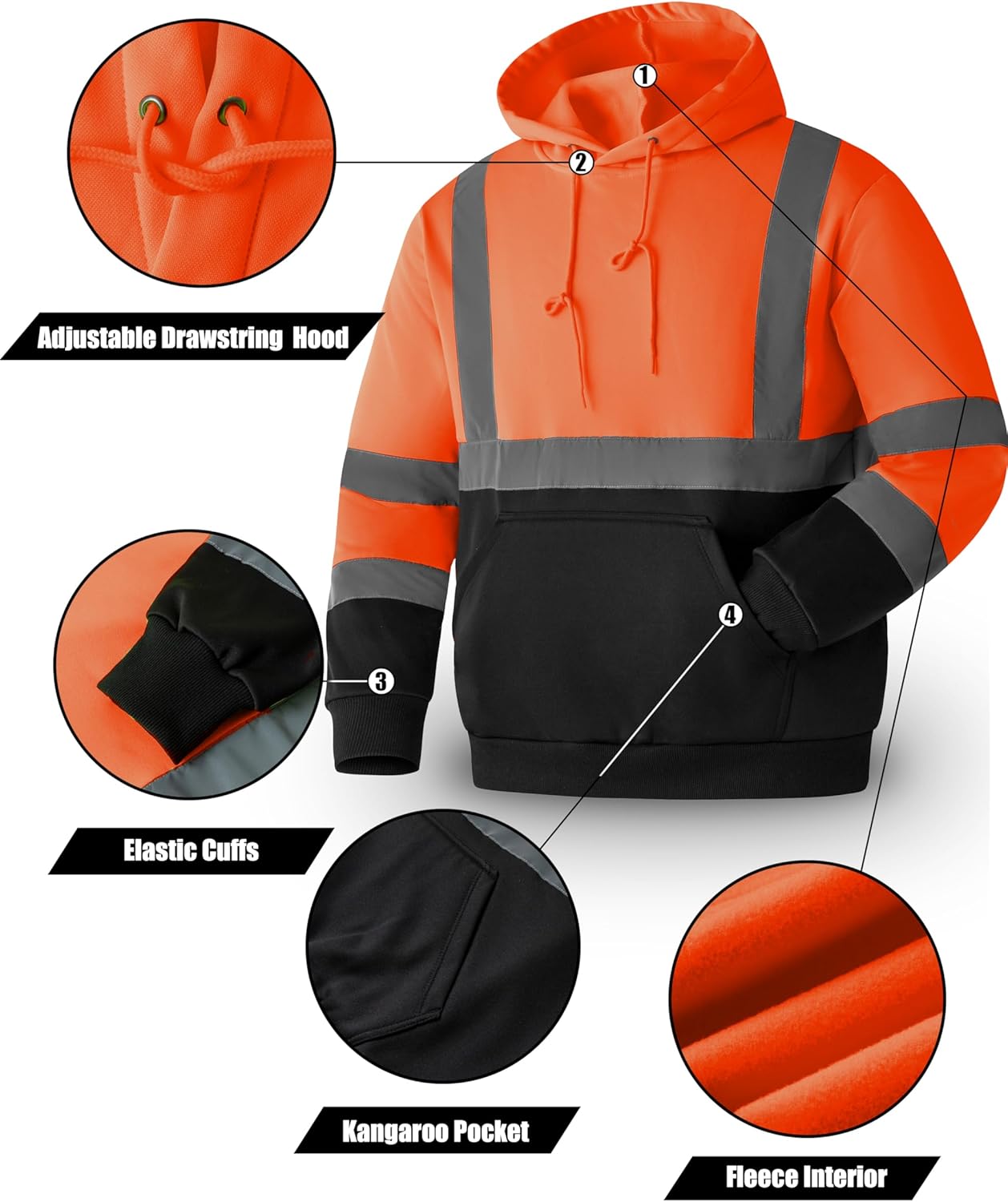 Ubon Hi Vis Hoodies for Men, High Visibility Hoodie Reflective Safety Sweatshirts Construction Workwear Black Bottom