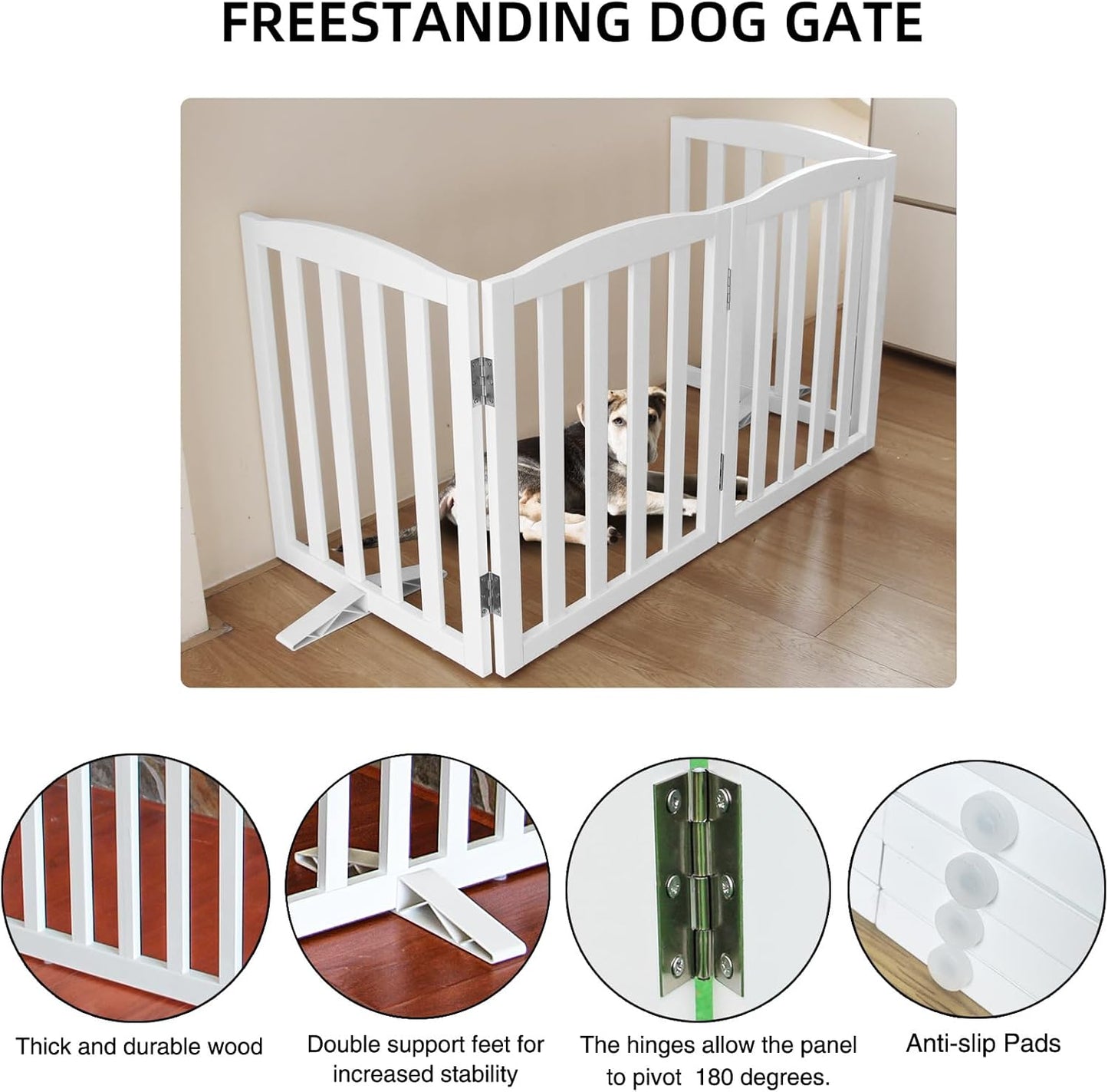 Freestanding Dog Gate Indoor,Doggie Gate Foldable Dog Gates for Doorways,Stairs or Hallways, Wooden White Pet Gate for the House, Pet Fence with Support Feet Included,32 "Height-4 Panels