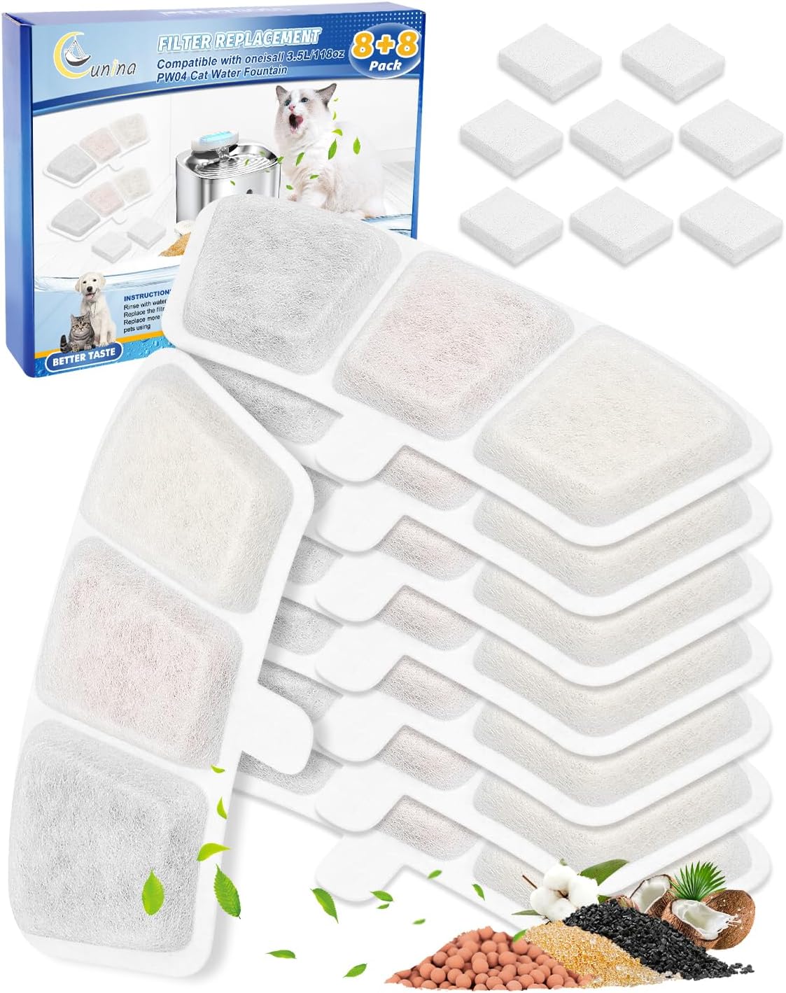 8+8 Pack Cat Water Fountain Filter Replacement Compatible with oneisall PW03 & PW04 3.5L/118oz, Cat Fountain Filters Replacement Fit for oneisall, Multilayer Filters System, 8 Filters+8 Sponge