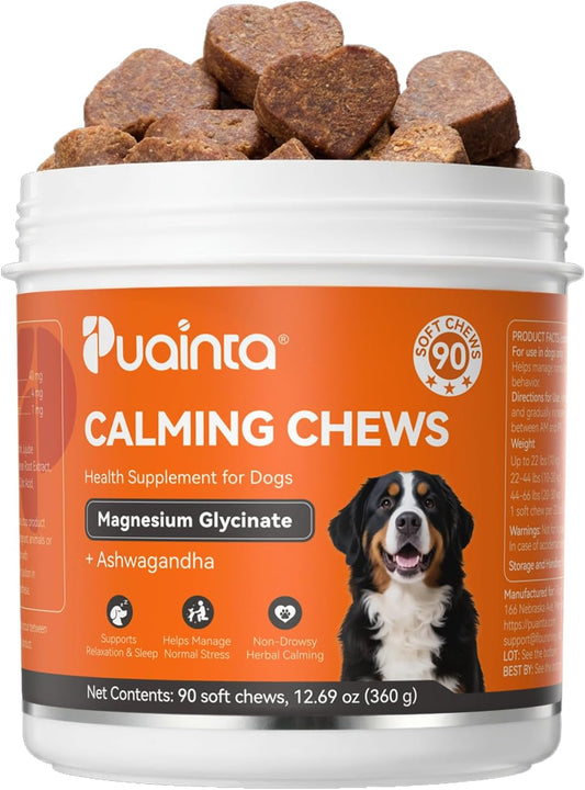 Dog Calming Chews with Magnesium Glycinate, 4 Calming Herbs for Natural Anxiety Relief, Gentle Support for Stress, Separation & Travel, 90 Count