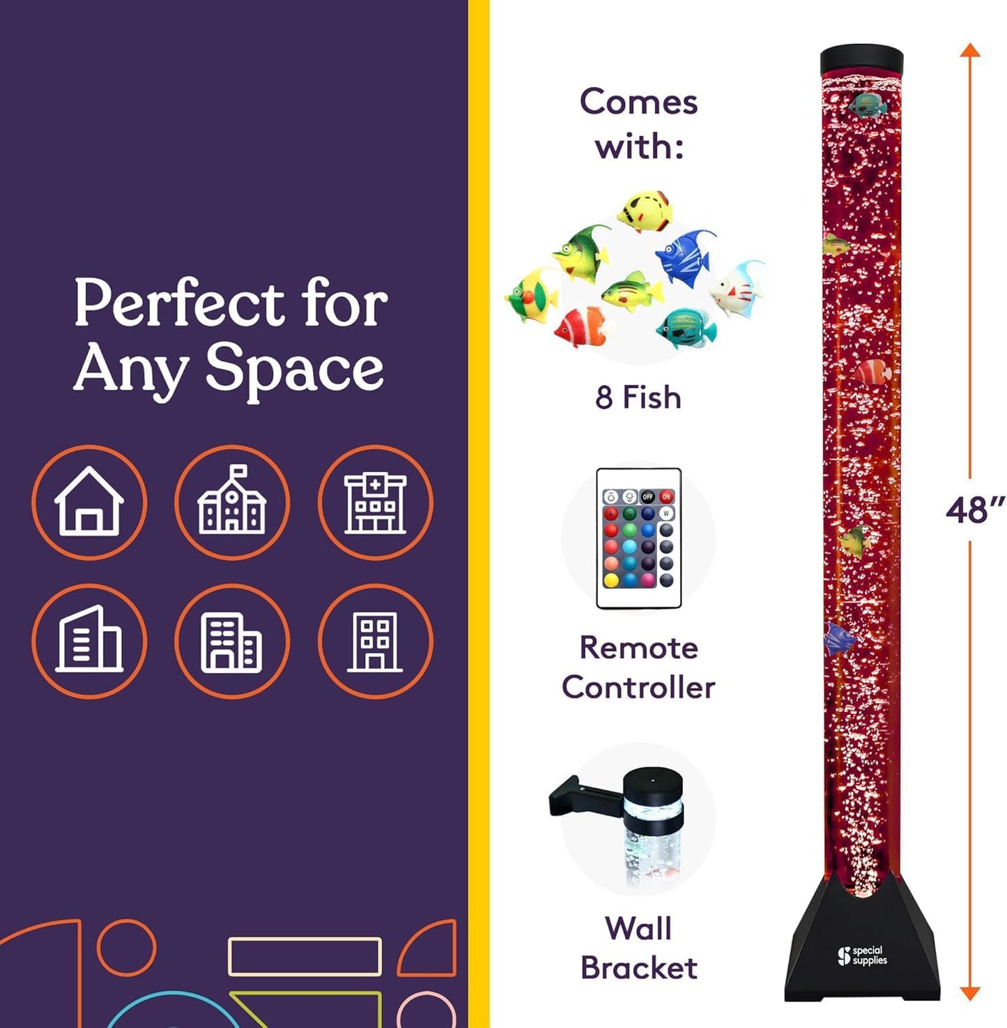 Special Supplies Aquarium Sensory Fish Bubble Light Tube with 16 LED Color Changing Nightlight Effect, Remote Control, and 8 Fishes, Colorful Floor Standing Lamp for Kids and Adults (4 feet) (Style 1)
