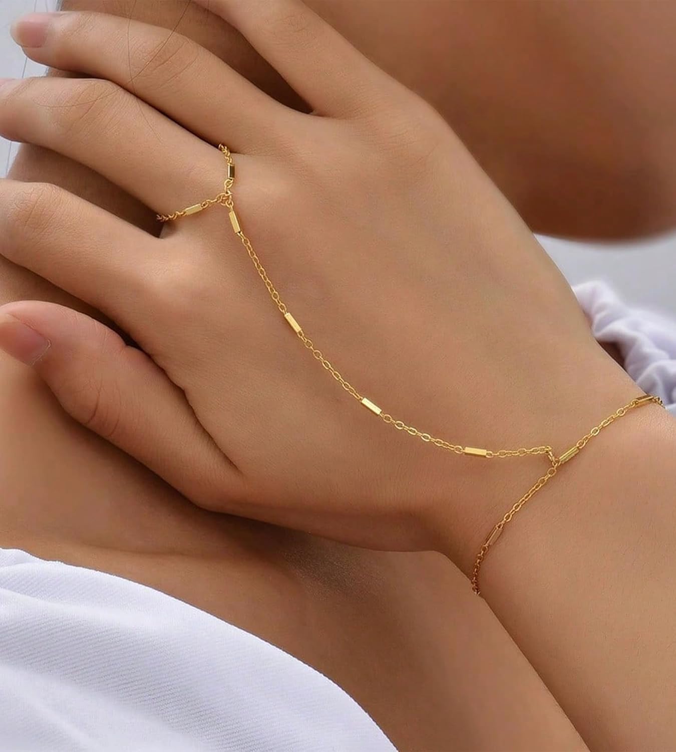 YEEZII Gold Hand Chain Bracelets for Women, 2 Pcs 14k Gold Plated Cubic Zirconia Link Chain Bracelet Set, Trendy ring bracelet hand chain Jewelry for Her