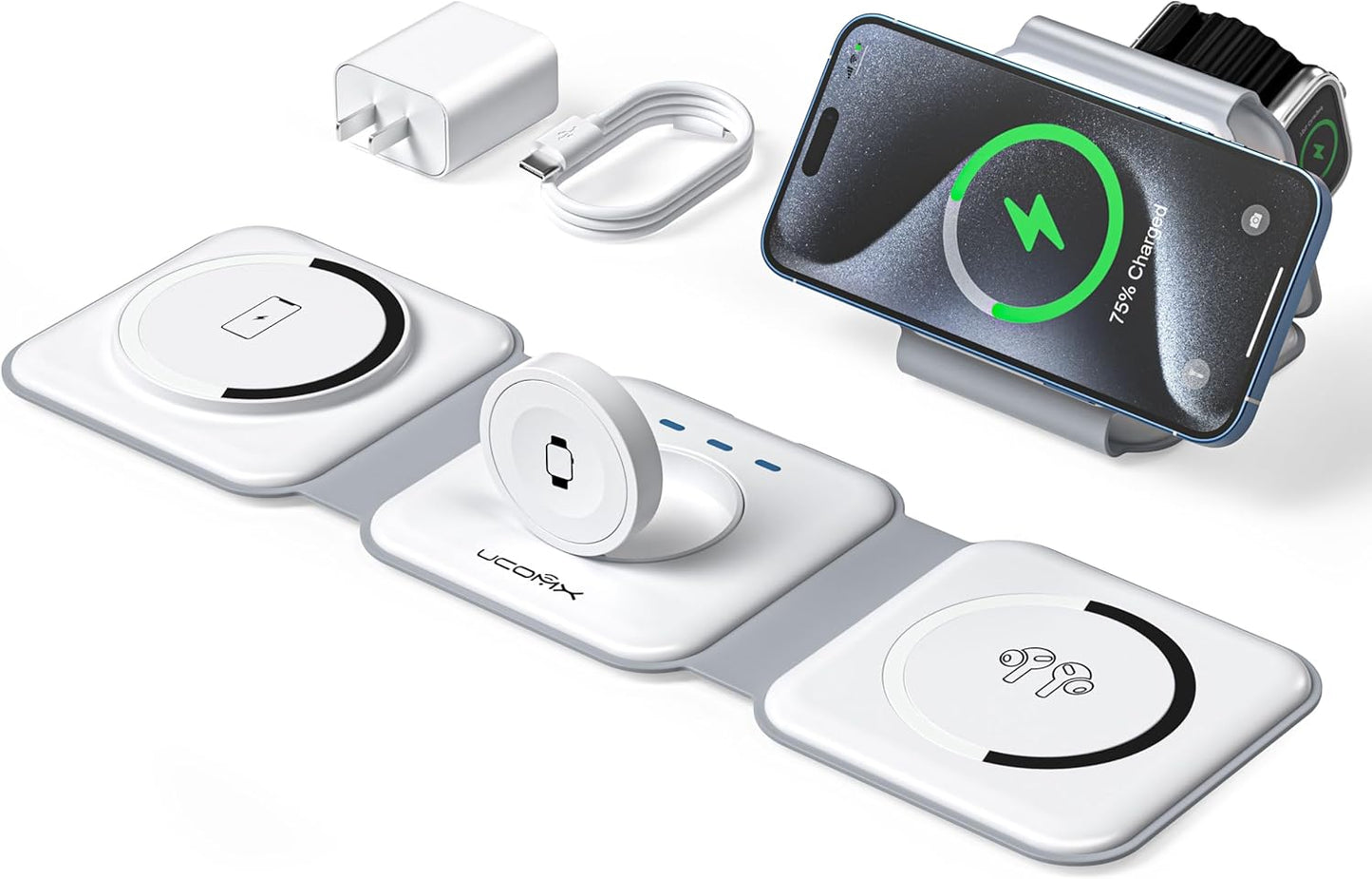UCOMX 3 in 1 Charging Station for Multple Devices,Foldable 3 in 1 Wireless Charger for Travel,NANO Wireless Charging Station for iPhone17 16 15 14 13 12 Pro Max/Watch 10 9 8 7 6 5 4 3 Ultra/AirPod Pro