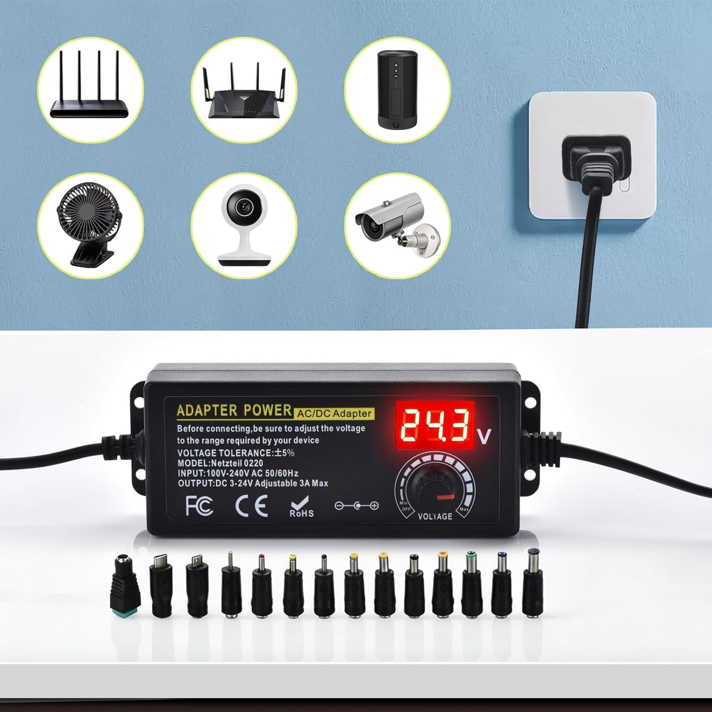 Universal Power Supply Adjustable 3A 72W DC 3V ~ 24V Variable Universal Switching 100V-240V AC/DC Adapter with Volt Display & Adjustable Voltage & 14pcs Tips & A Reverse Polarity Converter