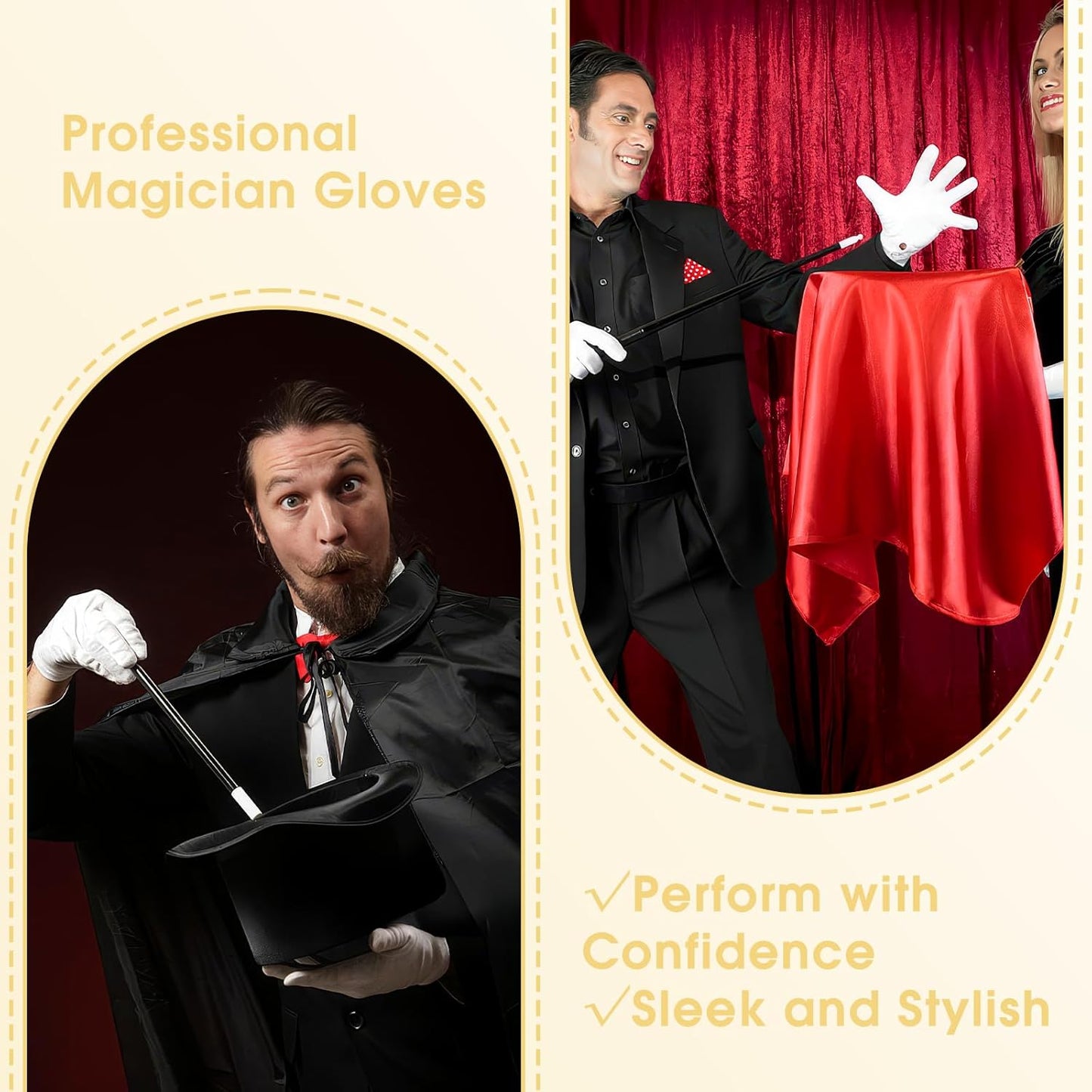 BEVTEE 2 Pairs White Gloves Men, Marching Band Gloves with Snap Cuff, for Art The Clown Magician Costume Halloween