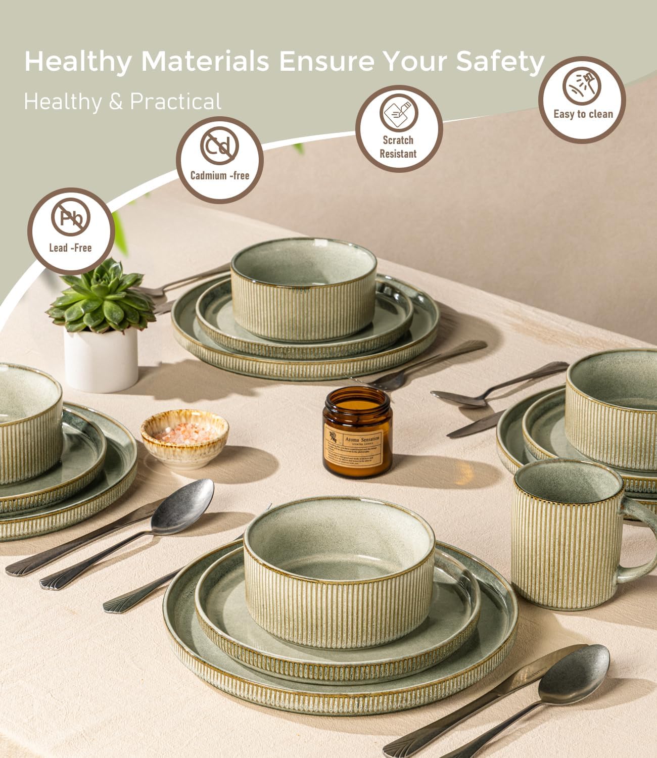 GBHOME 12-Piece Stoneware Dinnerware Set for 4 – Ribbed Ceramic Plates and Bowls, Scratch-Resistant, Microwave & Dishwasher Safe, Reactive Glaze, Desert Sage