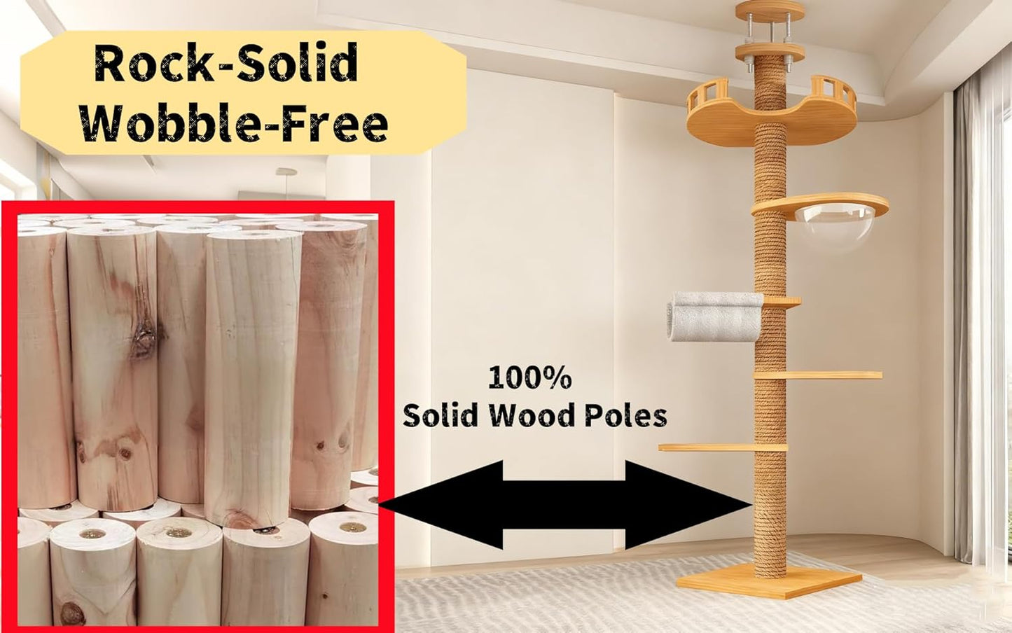 Sturdy Floor-to-Ceiling Cat Tree | Solid Real Wood 55-122'' Height Adjustable Drill-Free Tower | Ideal for Multi-Cat Households & Large Breeds with Extra-Thick 4.3" Solid Wooden Posts
