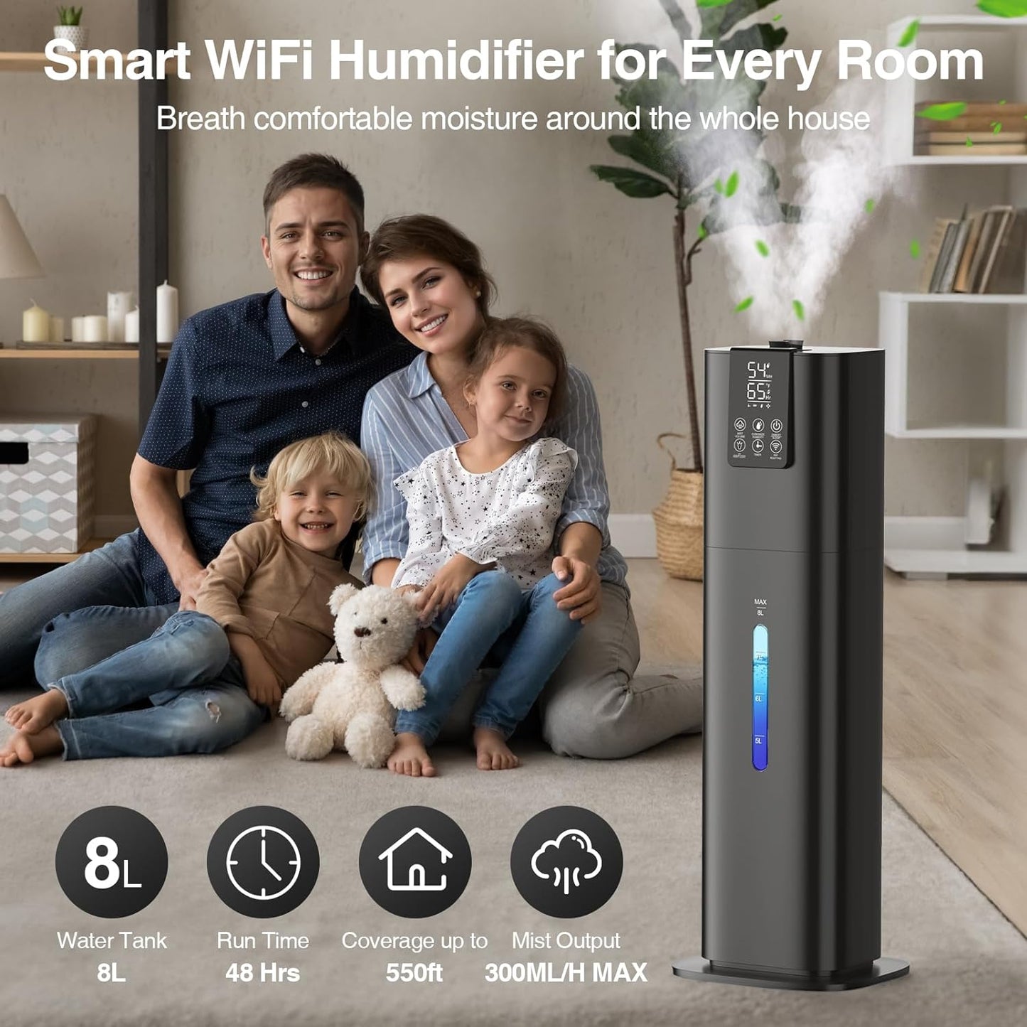 Smart Humidifiers Large Room Bedroom Home, 2.11Gal(8L) Quiet Top Fill Cool Mist Humidifier, Smart App & Remote Control, 3 Speed Humidifier with 360° Nozzle, Humidity Setting for Baby Office