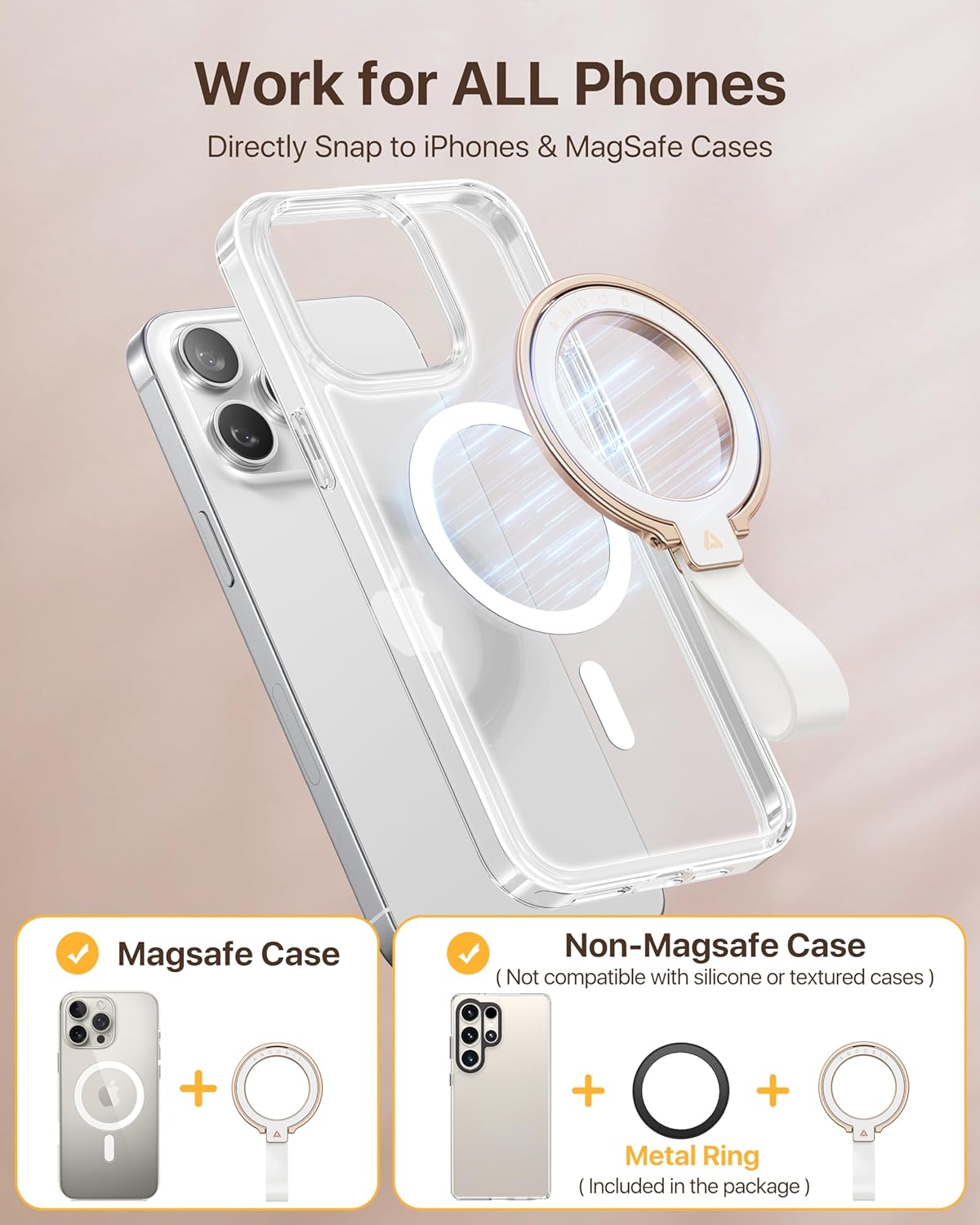 andobil [2026 Unrivaled Stability] Magnetic Phone Grip Holder for MagSafe Ring Stand Holder Kickstand Compatible with MagSafe Accessories for iPhone 17 Air 16 Pro Max Plus 15/14/13/12&Android,Rosegold