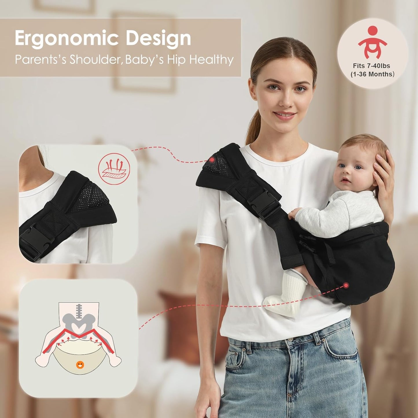 Baby Sling Carrier Newborn to Toddler, Adjustable Toddler Carrier Sling Baby Carrier Toddlers Sling Carriers Hip Carriers for 7-40lbs, Black