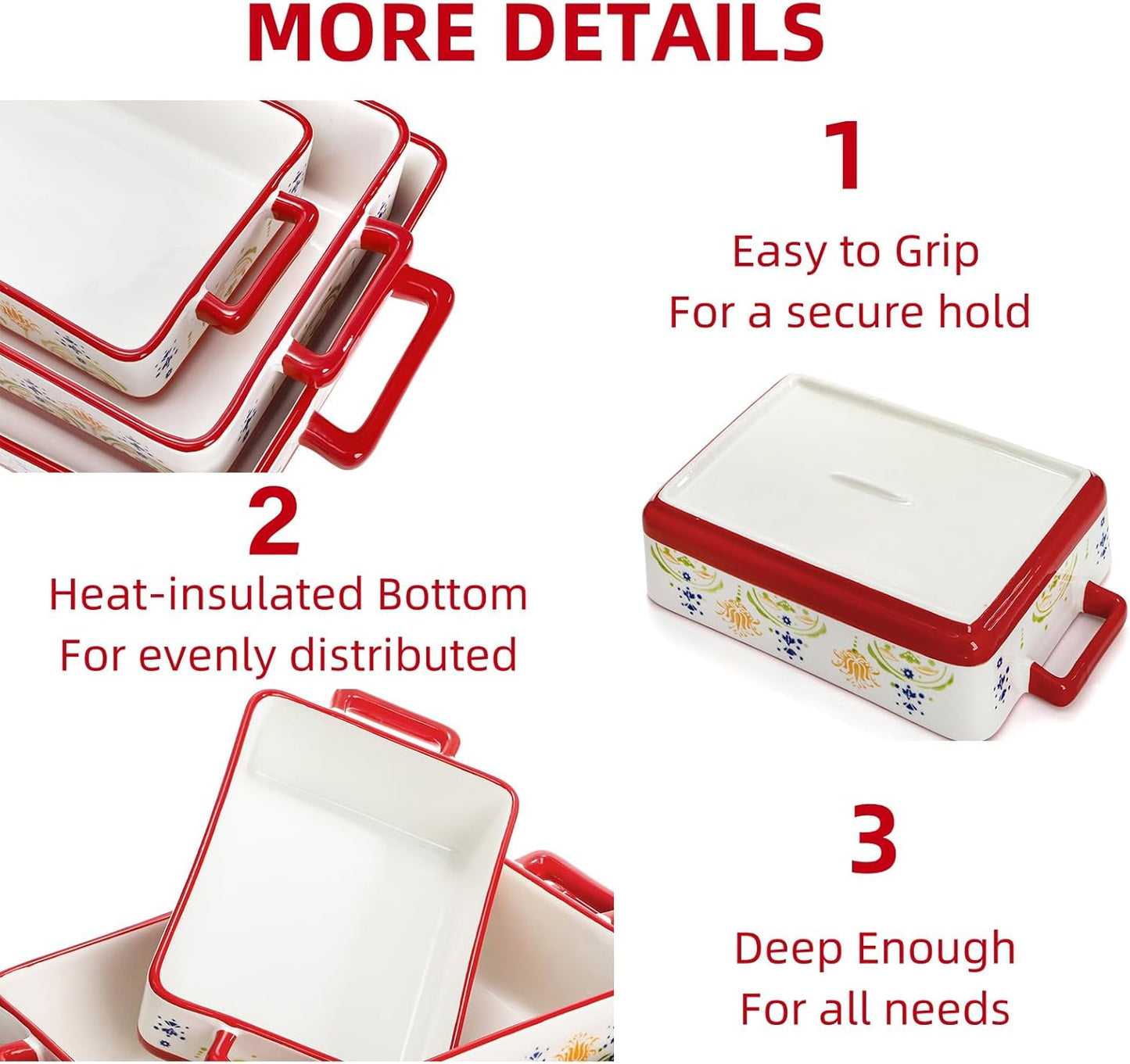 Set of 3 Ceramic Baking Dishes, Rectangular Casserole Dish for Oven, Ceramic Bakeware Lasagna Pan Deep with Handles for Cooking, Baking, Wedding Gift, 3 Sizes (12''/10.7''/7.7''), Red