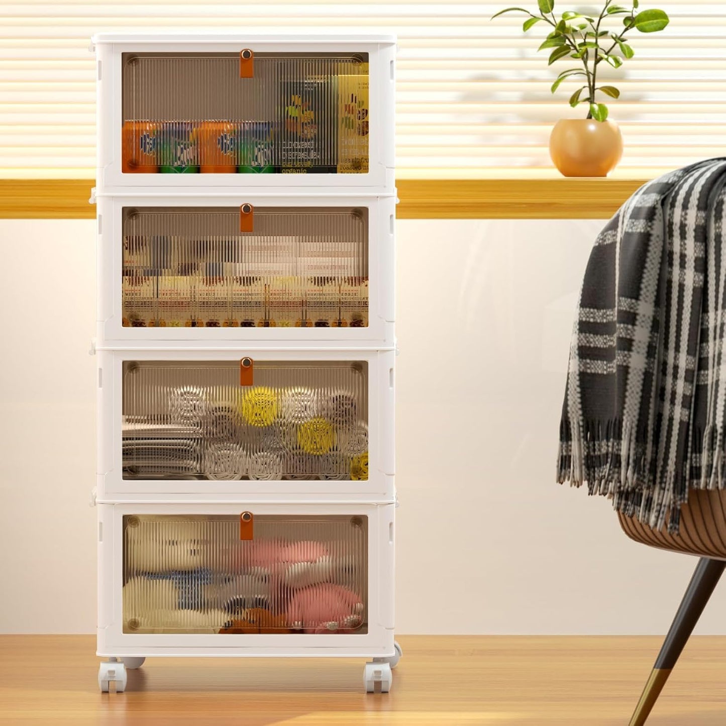 4 Tier Plastic Storage Bins with Lid 23QT, Stackable Storage Containers with Wheels, Folding Storage Boxes, Stackable Storage Bins, Organizers and Storage for Living Room,Office,Dorm