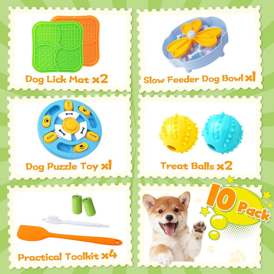 Curated Dog Puzzle Toys for Boredom and Mental Stimulation, 10-Pack Enrichment Toy Set with Slow Feeder Bowl, Lick Mat & Treat Ball to Keep Dogs Busy and Engaged
