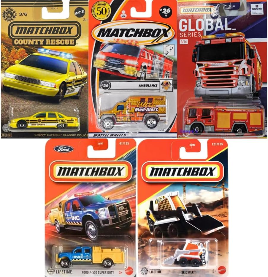 Matchbox Utility/Emergency Random 5 Pack! (Police, Ambulance, Construction, etc.) Assorted Variety Mystery Bundle [No Duplicates!] [Styles May Vary] 1:64 Scale Diecast Toy Vehicles