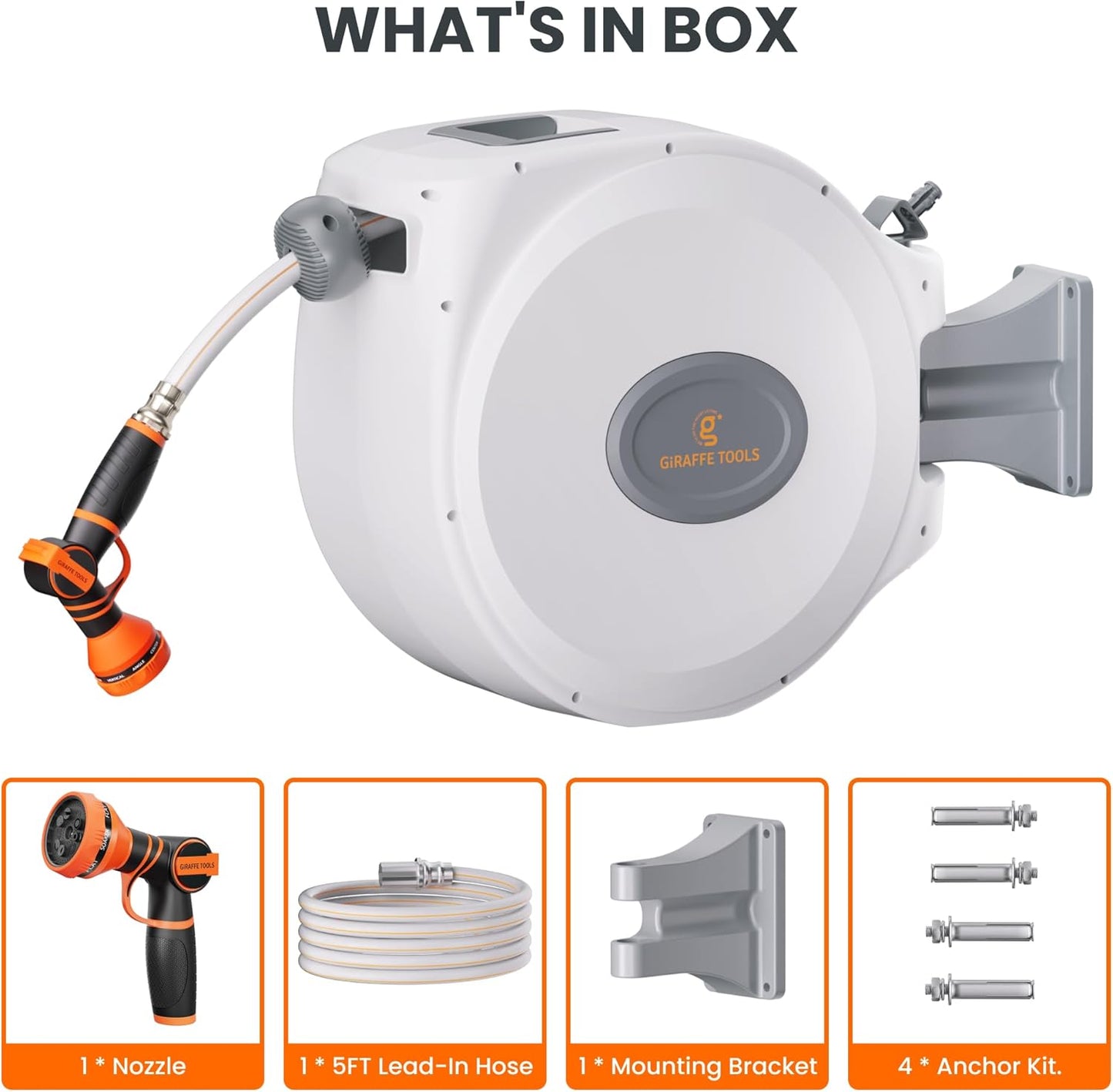 Giraffe Tools CW20 Retractable Garden Hose Reel 5/8" x 60 ft Heavy Duty Water Hose Reel, Swivel Bracket, Any Length Lock, Light Grey