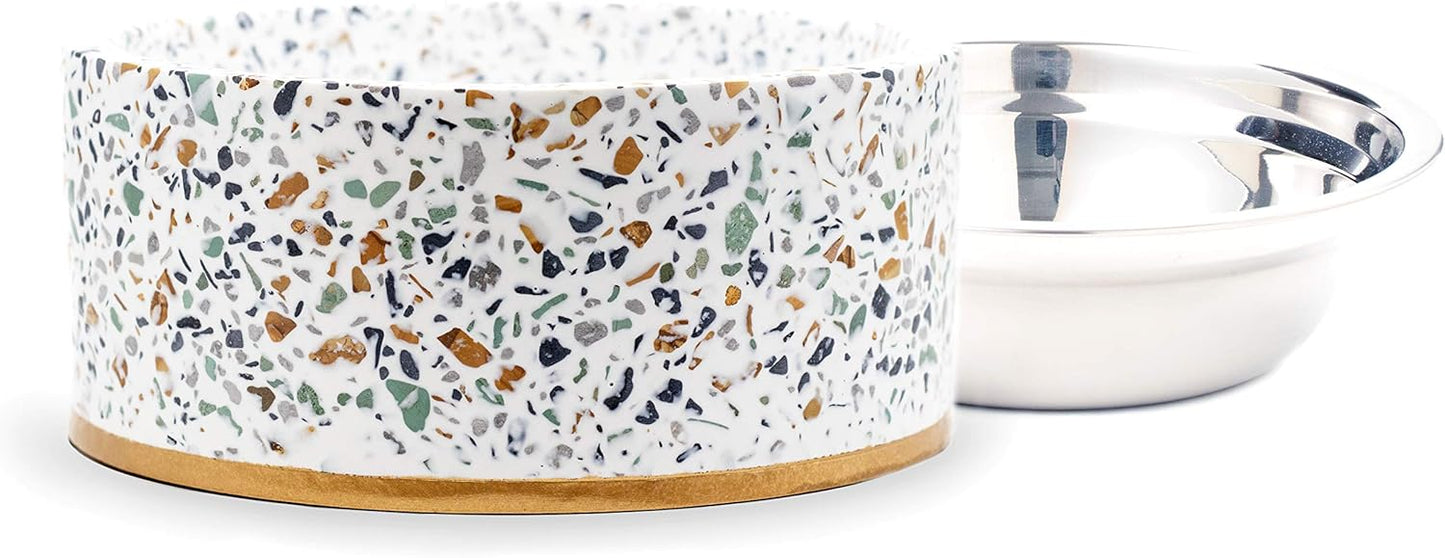 Pet Junkie Terrazzo Single Elevated Pet Bowl Stand with Removable Stainless Steel 16oz Inner Bowl for Small Dog Breed or Cat - Raised Dog Food or Water Station (Small, White)