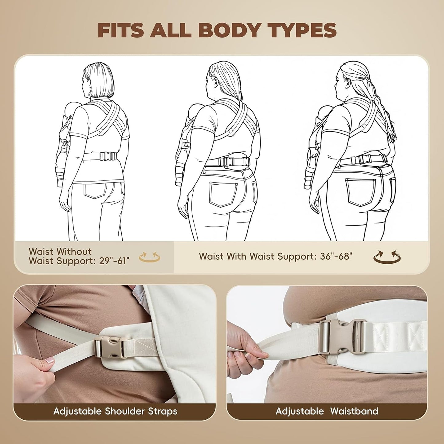 Plus Size Baby Carrier – Widened Shoulder & Waist Straps with Extended Waist, Reinforced Lumbar Support, Linen-Touch Fabric, Ergonomic “M” Position for Newborn to Toddler (7–44 lbs).