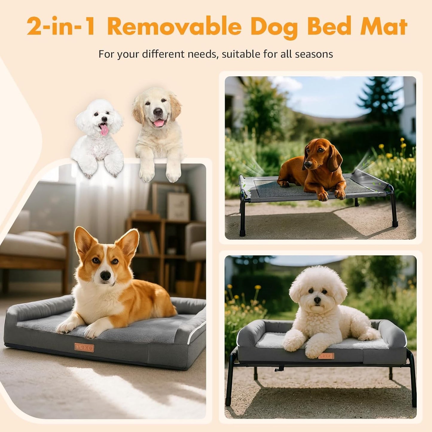 Lekereise Elevated Outdoor Dog Bed Cot + Orthopedic Indoor Small Dog Sofa Bed, 2-in-1 Design, Load 40lb, Grey