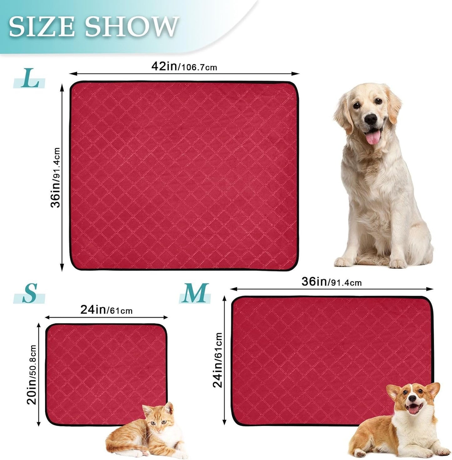Red Solid Color Washable Pee Pads for Dogs Cats, Reusable Puppy Pads Absorbent Non-Slip Waterproof Pet Training Pads for Potty Training, Playpen, Crate