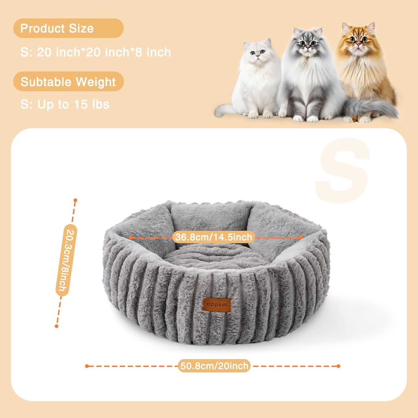 Cat Beds, Self Warming Cat Bed, Washable Pet Beds for Indoor Cats, Super Soft Faux Rabbit Fur Pet Bed for Puppy and Kitten with Anti-Slip Bottom (Grey, 20"x20"x8")