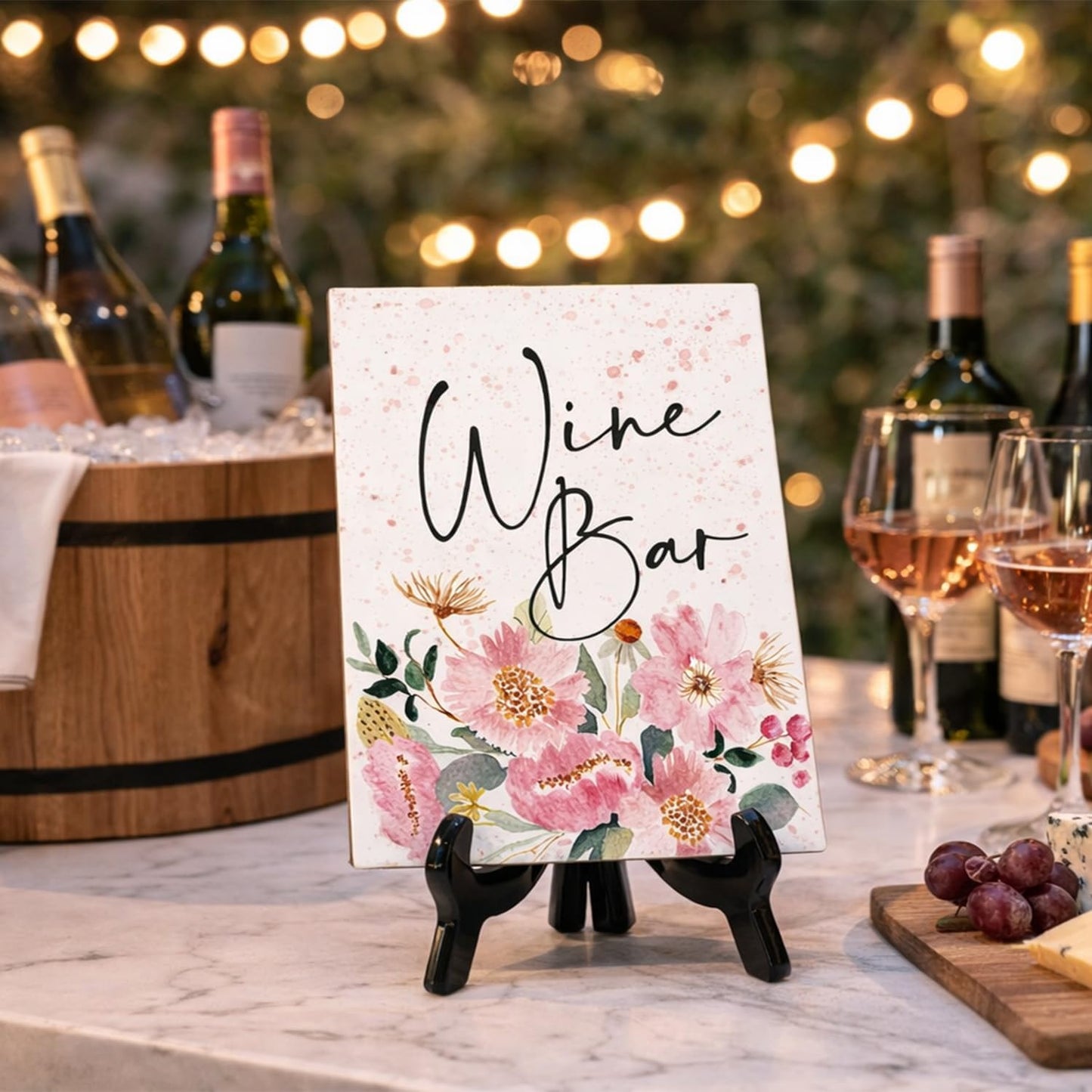 Wine Bar Table Sign with Easel, Floral Watercolor Design (6" x 8")