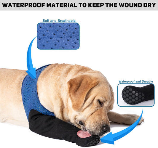 COODEO Dog Socks to Prevent Licking Paws, Healing Boots & Paw Protectors with Non-Slip Bottoms for Wound Protection, Waterproof Sleeve Shoes for Licking（Blue，3XL_Left