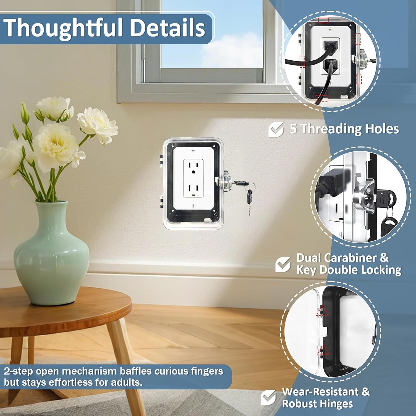 Child Proof Outlet Lock Box with 2 Durable Keys - Heavy Duty Safety Cover for Baby Proofing, Tool-Free Installation, More Space for Large Plugs Universal Fit Socket Protector (1Pack, Black)