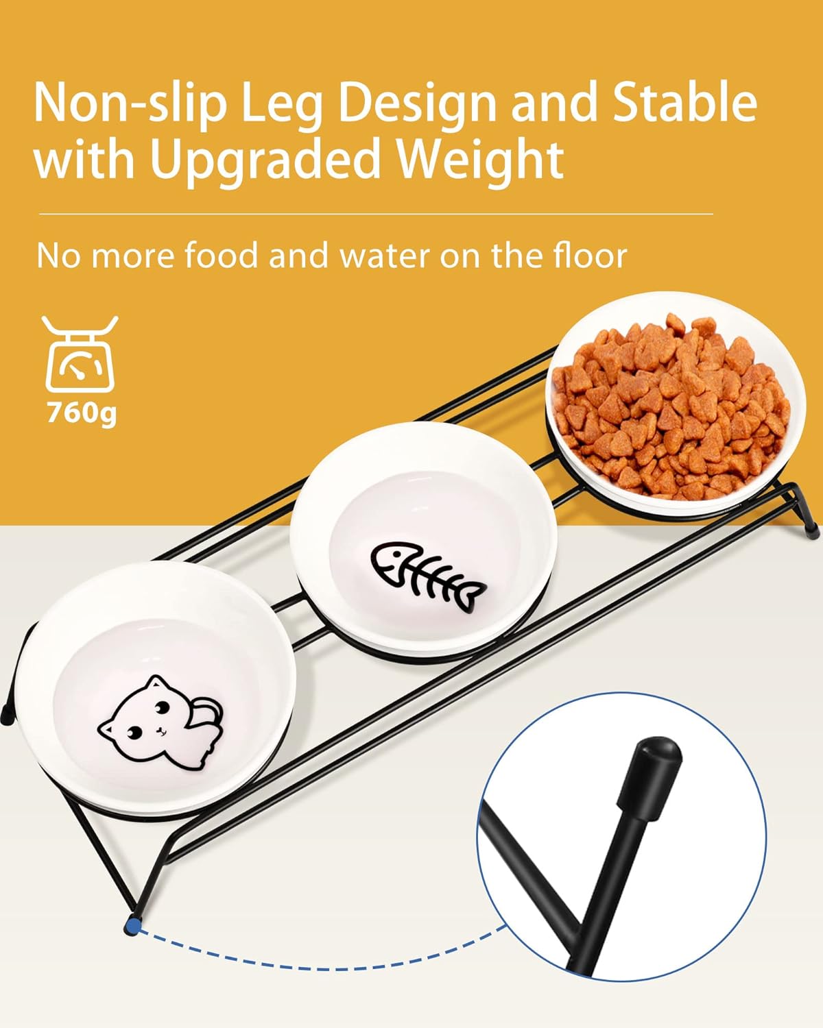 Anti-Vomiting Raised Cat Bowls - 3 × 13 oz Ceramic Food & Water Bowls with Non-Slip Stainless Steel Stand, Dishwasher Safe for Indoor Cats & Puppy