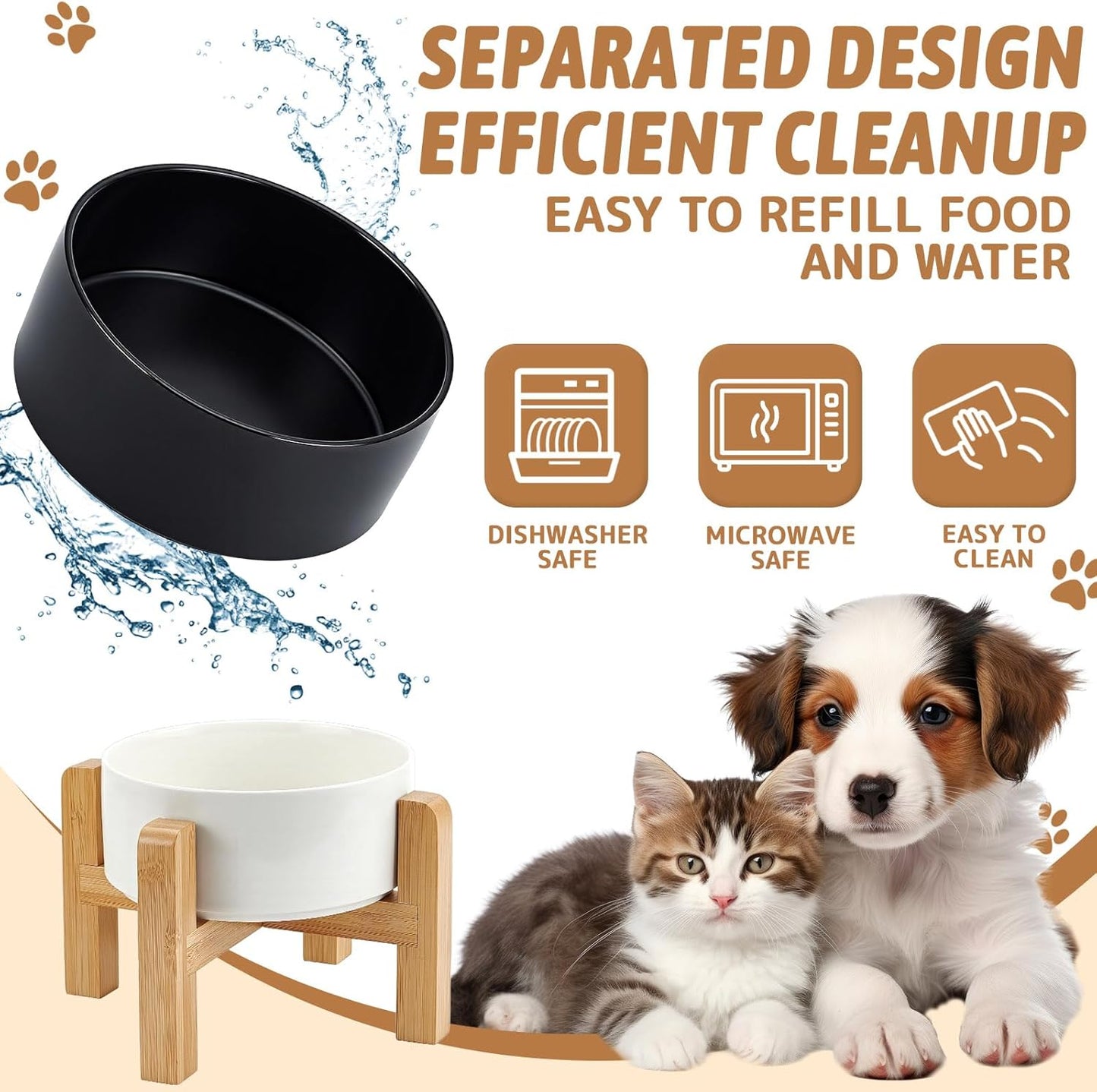 2 Pack 5.9Inch Ceramic Raised Dog Bowl, Raised Dog Bowls with Non-Slip Bamboo Stand Food and Water Bowls Heavy Duty Pet Bowl for Small and Medium Dogs (Black + White)