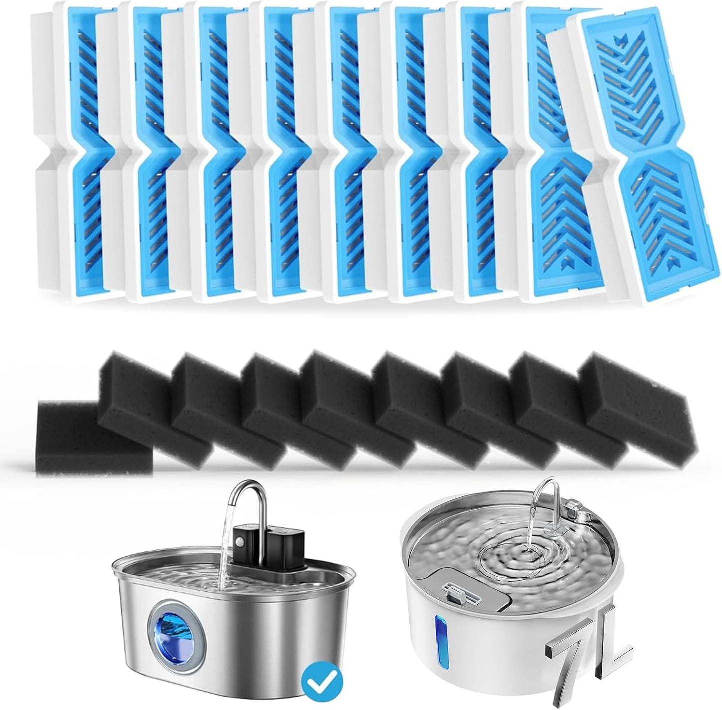 PEKTACO Replacement Water Fountain Filters with Pre-Filter Sponges, Compatible with 412 & 418 Pet Water Fountain, Fits 3.2L & 7L Pet Water Fountains - 9 Pack