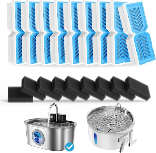PEKTACO Replacement Water Fountain Filters with Pre-Filter Sponges, Compatible with 412 & 418 Pet Water Fountain, Fits 3.2L & 7L Pet Water Fountains - 9 Pack