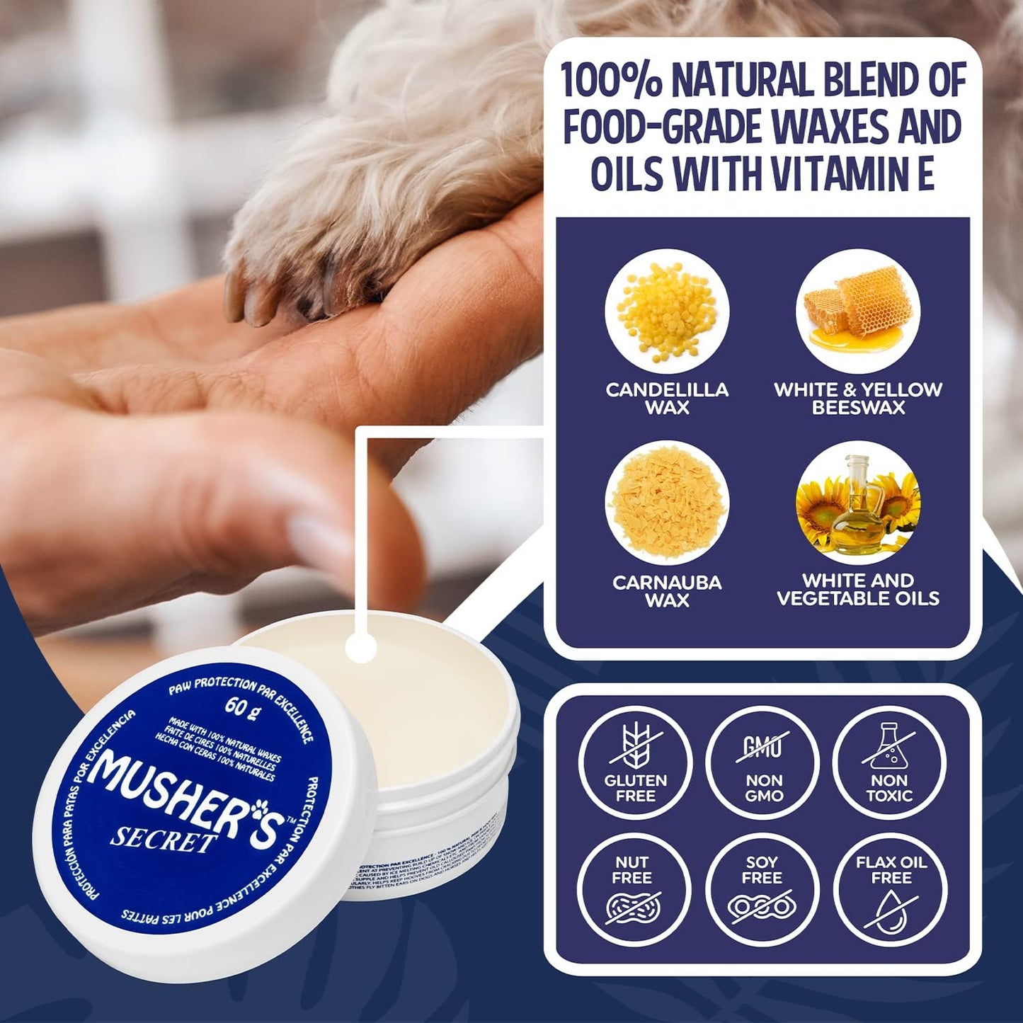 Musher's Secret Dog Paw Wax 60g – Moisturizing Dog Paw Balm – Helps Protect & Heals Cracked Paws – Creates an Invisible Paw Protectors Barrier – All-Natural Nose & Paw Balm with Vitamin E