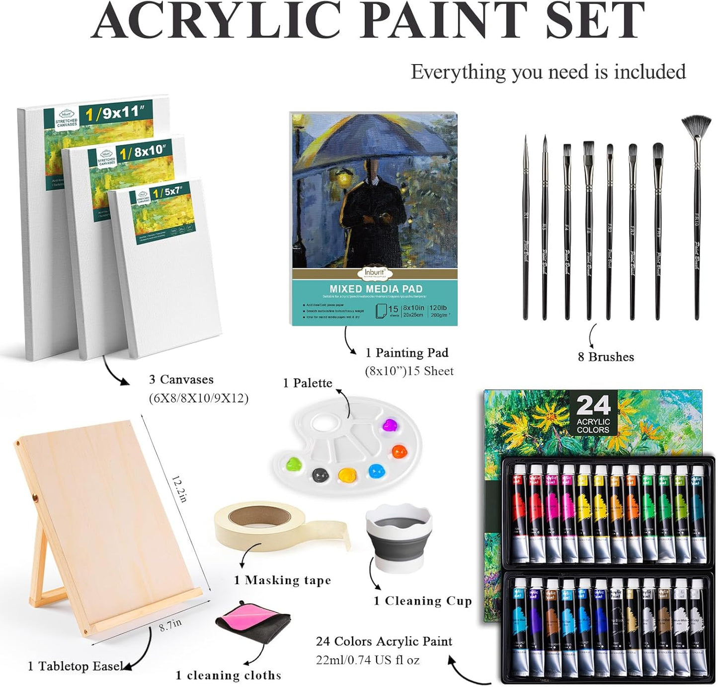 Inburit Acrylic Paint Set, Painting Supplies Kits with 24 Acrylic Paints(22ml), 8 Brushes,1 Wooden Easel,1 Palette etc, Paint Kit for Kids,Adults and Artists