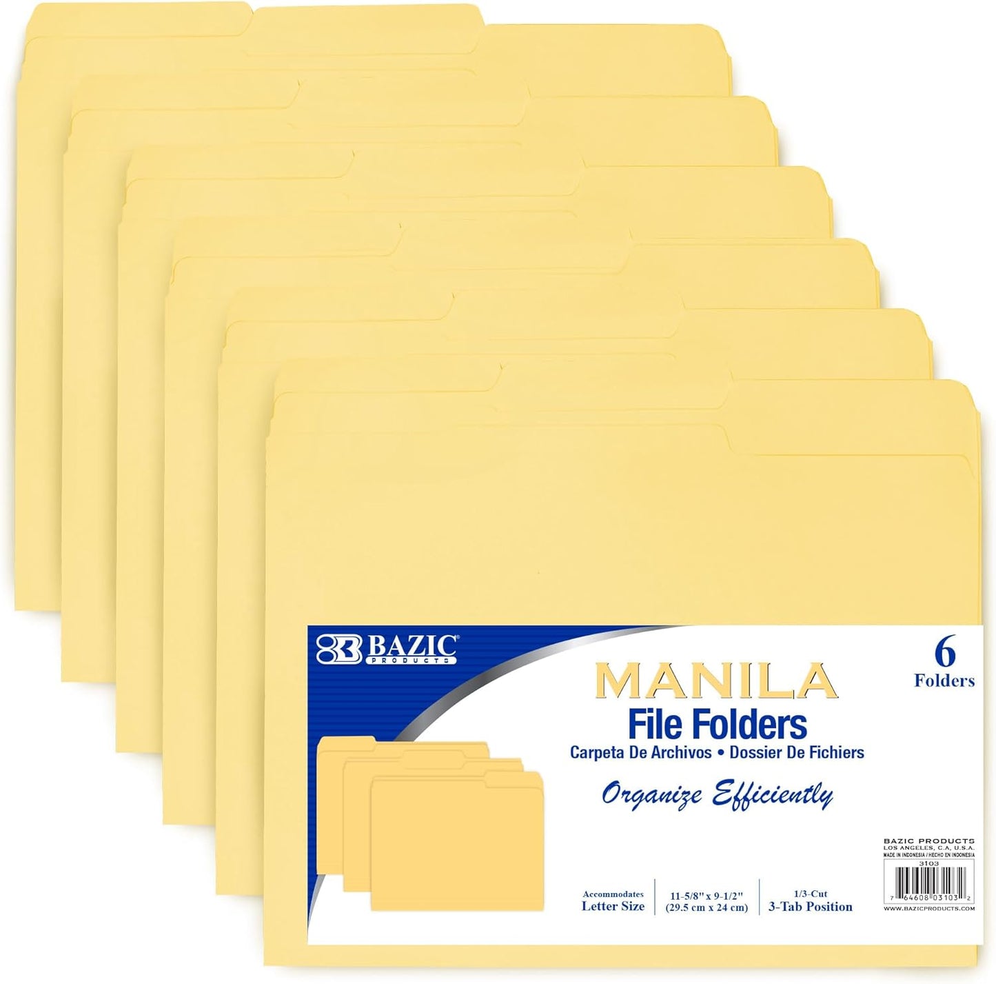 BAZIC Manila File Folder 1/3 Cut Letter Size, Left Right Center Tabs Positions, for Organizing Filing Document Storage, Total 6-Count
