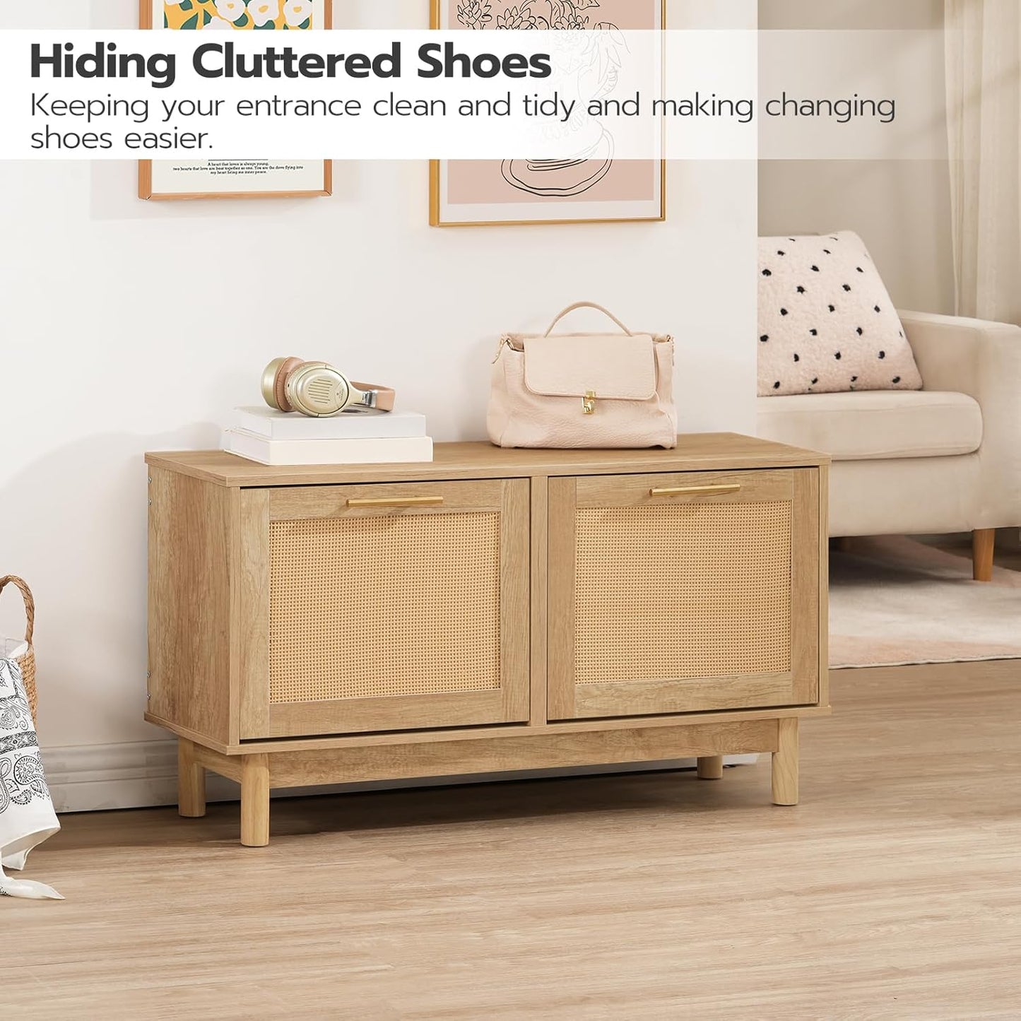 HOOBRO Rattan Shoe Storage Bench with Double Flip Drawers, Narrow Shoe Storage Organizer for Entryway, 11.8"D x 39.4"W x 20.9"H Hidden Space Saving Wooden Shoe Cabinet for Hallway, Natural NL51HX01