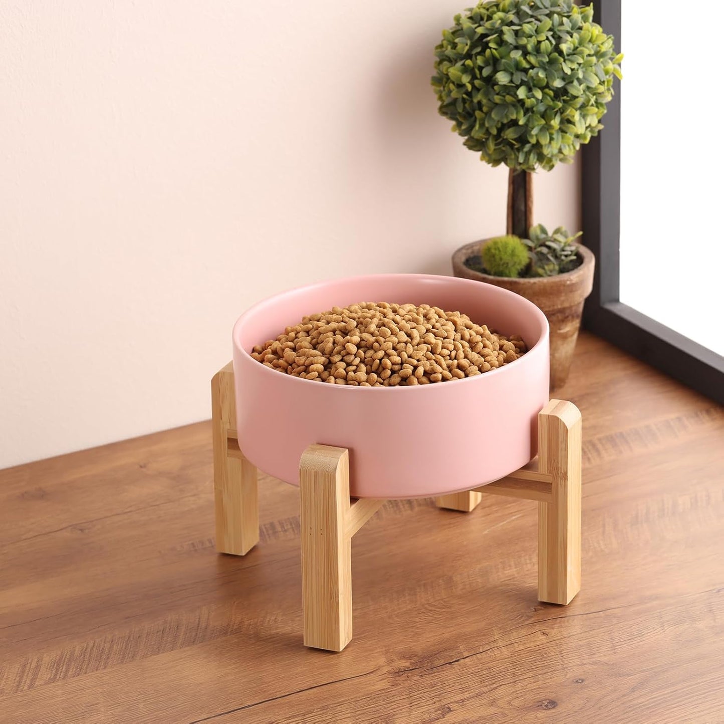 Pink Elevated Dog Bowl Ceramic for Small Medium Sized Breed,Raised Dog Food Water Bowl with Stand,6 in 3.6 Cups Non Slip Pet Dish Heavy Weighted