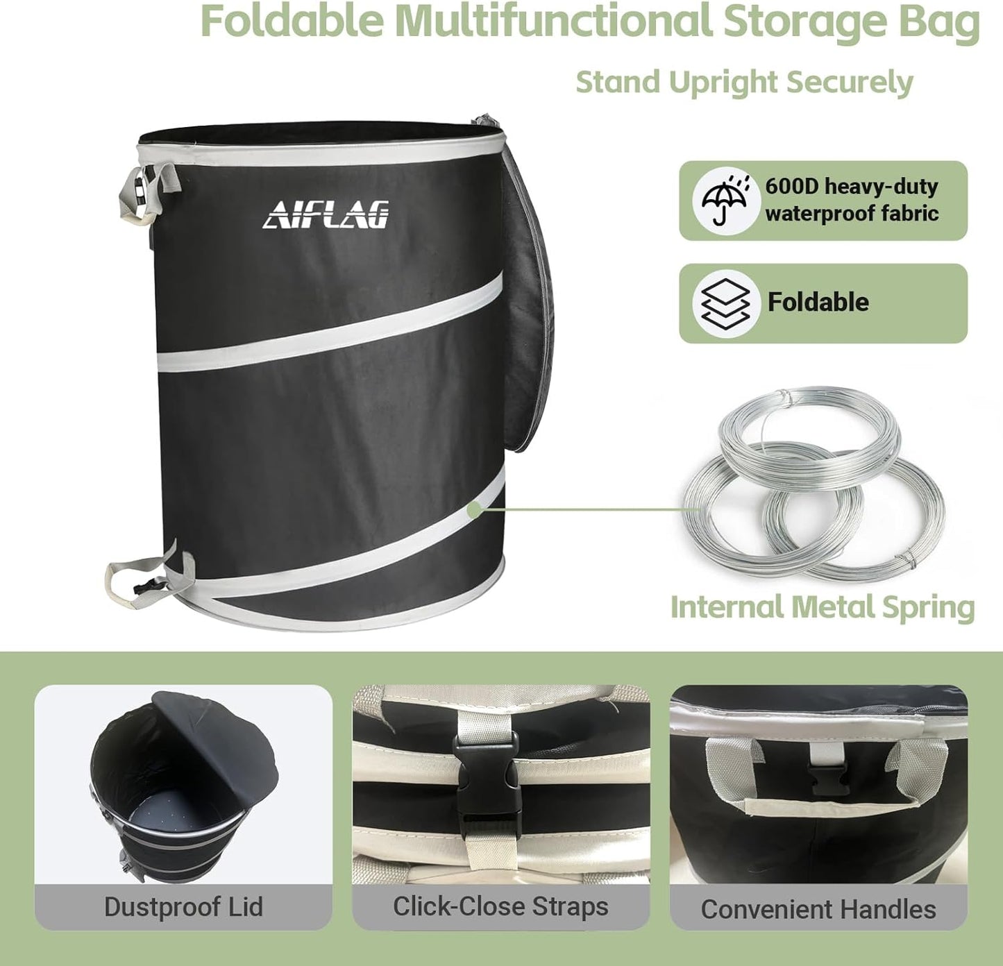 Collapsible Trash Can for Yard Waste & Camping, 42 Gallon Pop-Up Garbage Bag with Hard Bottom & Zipper Lid, Heavy Duty Reusable Outdoor Trash Can for Lawn Care, Garden, RV, Indoor Storage