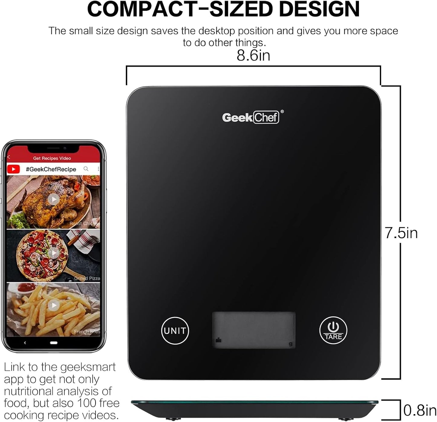 Geek Chef Digital Scale with App, Scale for Food Weight, Smart Food Nutrition Scale, Digital Kitchen Scales, Cooking Tool of Kitchen,1 lb/oz Black Glass