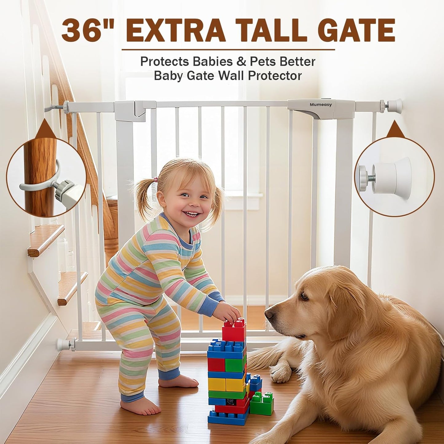 Mumeasy 36" High Extra Tall Dog Gate, 29.6"-40.5" Wide Pressure Mounted Tall Baby Gate for Dog, Auto Close Pet Gate with Door for Stairs,Doorways,House,White