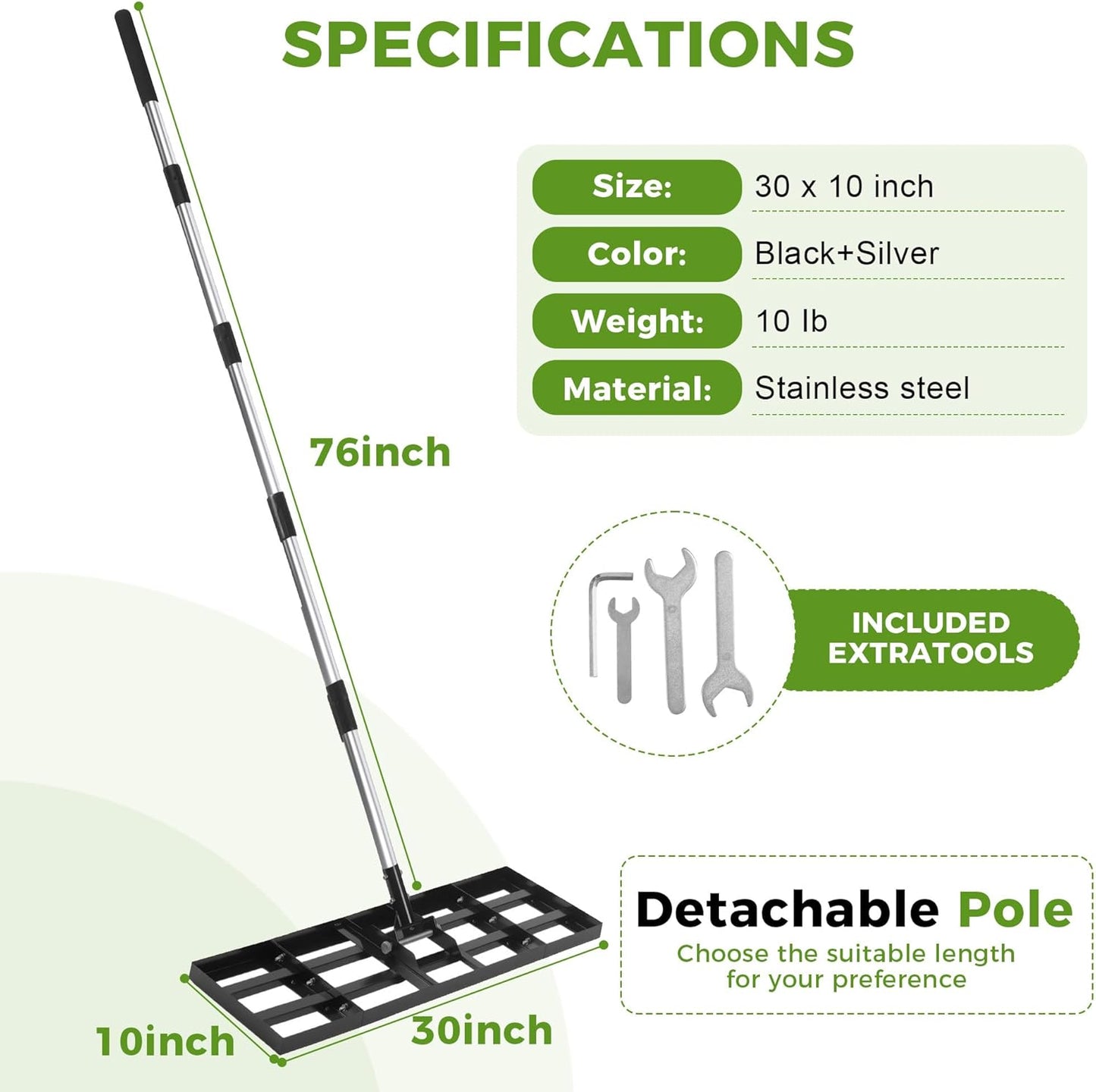 Lawn Leveling Rake, 30"x10" Stainless Steel Lawn Leveler with 76" Adjustable Handle, Heavy-Duty Yard Leveling Rake for Garden, Golf Course, Farm, Pasture, Professional Lawn Care Tool