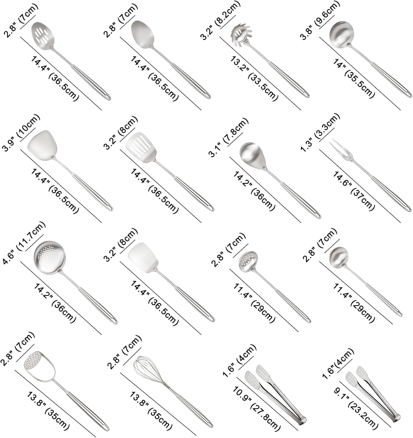 304 Stainless Steel Cooking Utensils Set, 16PCS Stainless Steel Kitchen Utensils Set, Metal Kitchen Utensils Set Include Meat Fork, Tongs, Turner, Soup Ladle, Dishwasher Safe