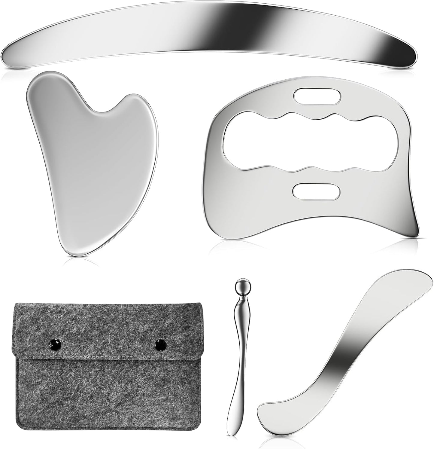 Stainless Steel Muscle Scraper Gua Sha Kit and Derma Edge Scraping Tools for Physical Therapy, Deep Tissue Guasha Massage Tool for Body and Face Relaxation (Grey-5pcs)