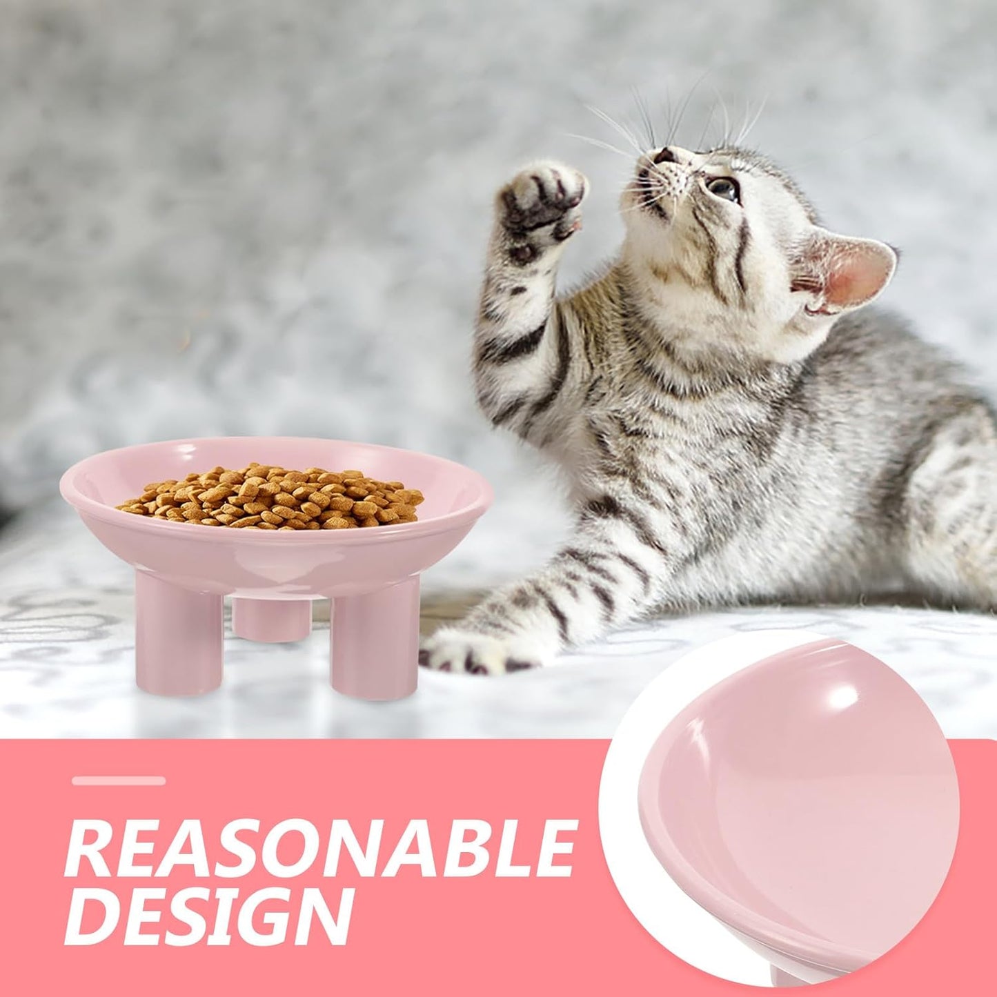 FAVOMOTO Elevated Cat Food Bowl Raised Pet Feeding Dish with Three-Leg Stand Neck Protection Large Opening Pink for Indoor Cats and Dogs